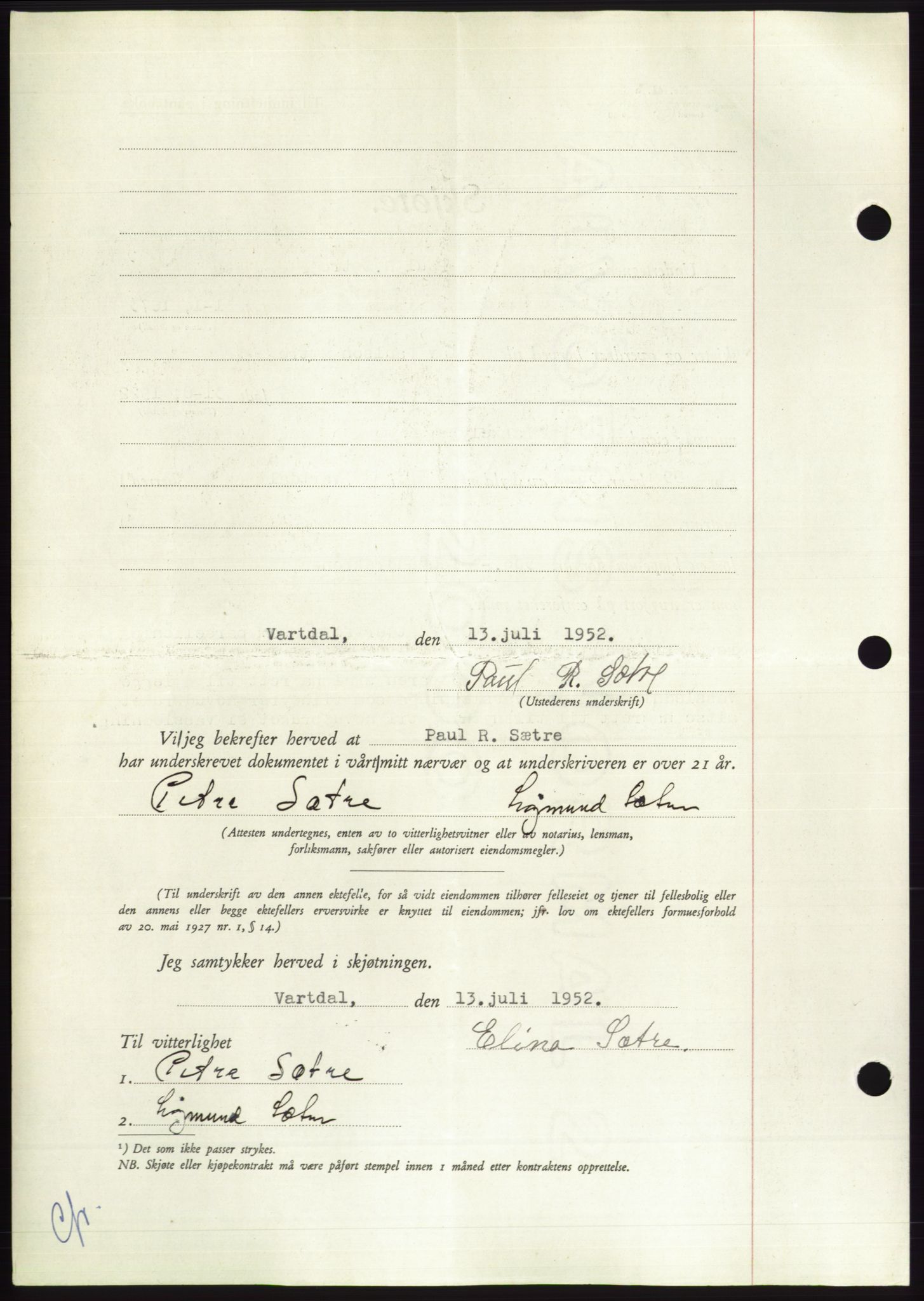 Søre Sunnmøre sorenskriveri, AV/SAT-A-4122/1/2/2C/L0092: Mortgage book no. 18A, 1952-1952, Diary no: : 1653/1952
