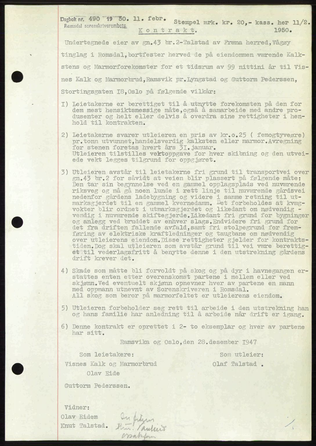 Romsdal sorenskriveri, AV/SAT-A-4149/1/2/2C: Mortgage book no. A32, 1950-1950, Diary no: : 490/1950