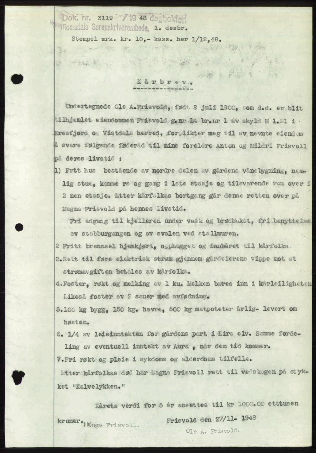 Romsdal sorenskriveri, AV/SAT-A-4149/1/2/2C: Mortgage book no. A28, 1948-1949, Diary no: : 3119/1948