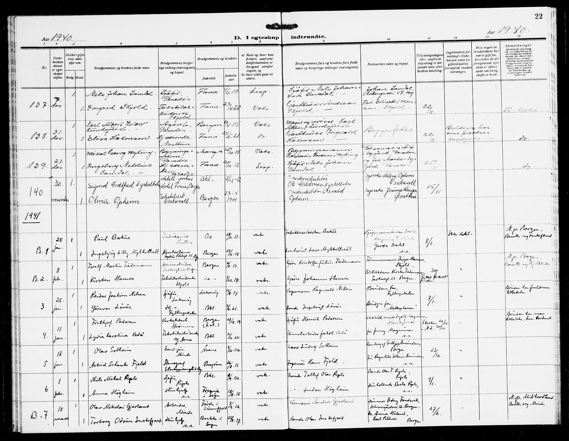 Fana Sokneprestembete, AV/SAB-A-75101/H/Haa/Haak/L0003: Parish register (official) no. K 3, 1938-1944, p. 22