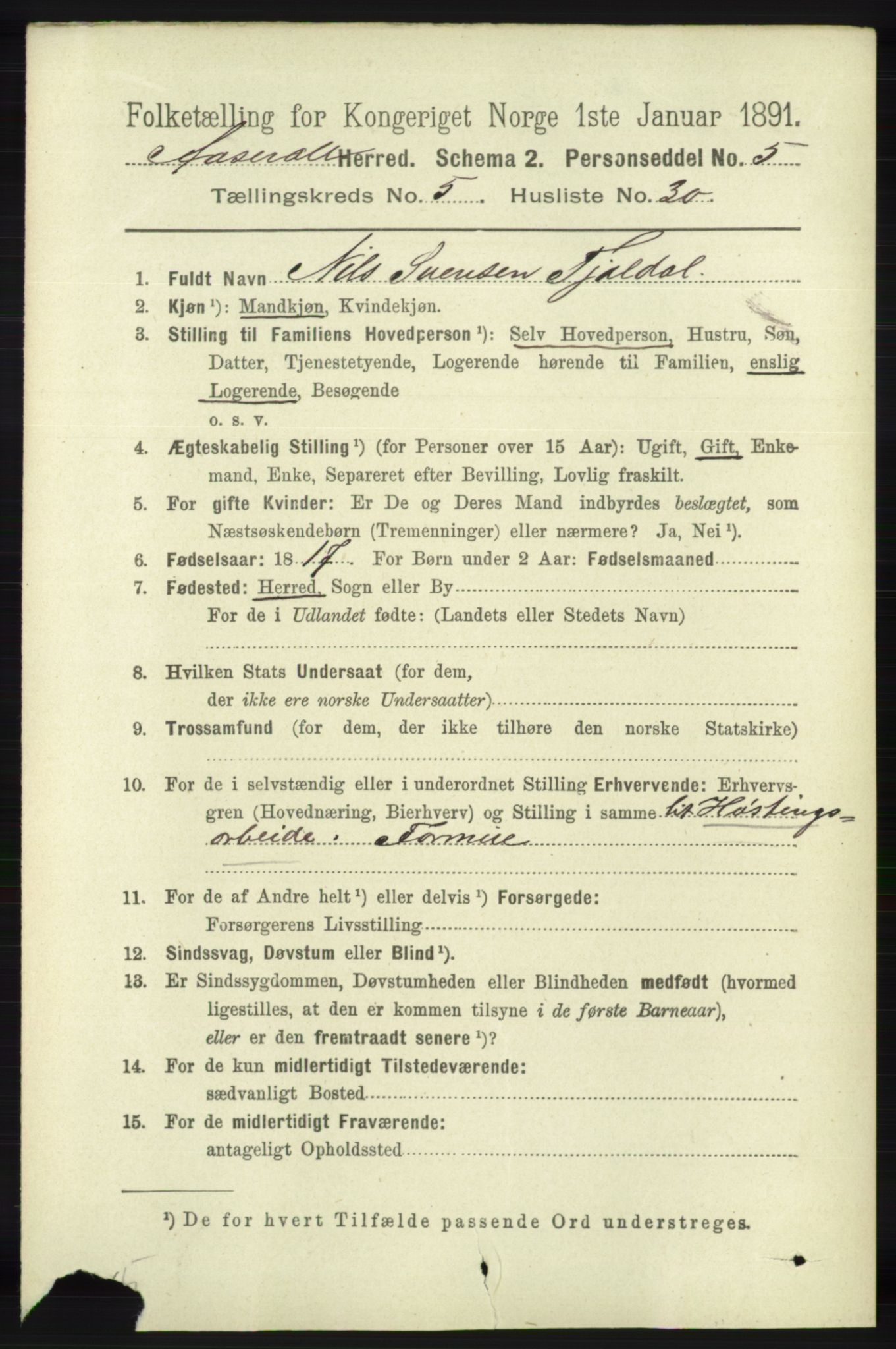 RA, 1891 census for 1026 Åseral, 1891, p. 1651