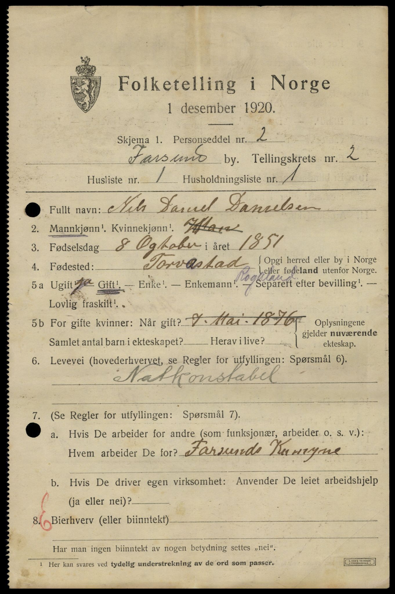 SAK, 1920 census for Farsund, 1920, p. 2565