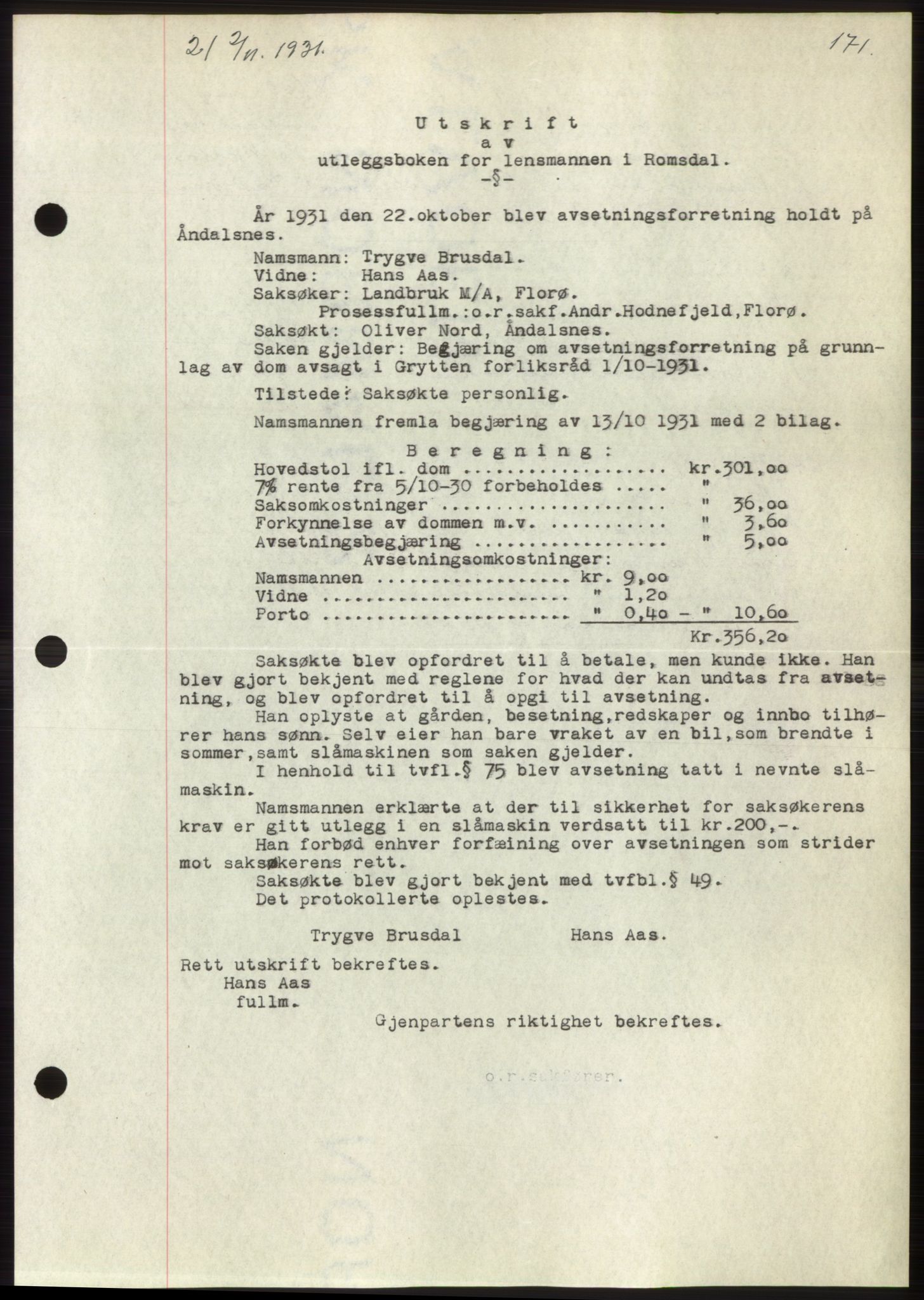 Romsdal sorenskriveri, AV/SAT-A-4149/1/2/2C/L0060: Mortgage book no. 54, 1931-1932, Deed date: 02.11.1931