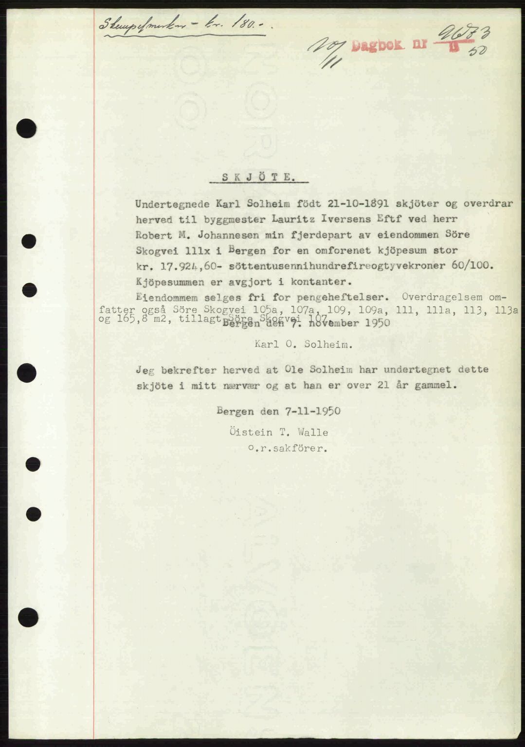 Byfogd og Byskriver i Bergen, AV/SAB-A-3401/03/03Bc/L0034: Mortgage book no. A27-28, 1950-1950, Diary no: : 9673/1950