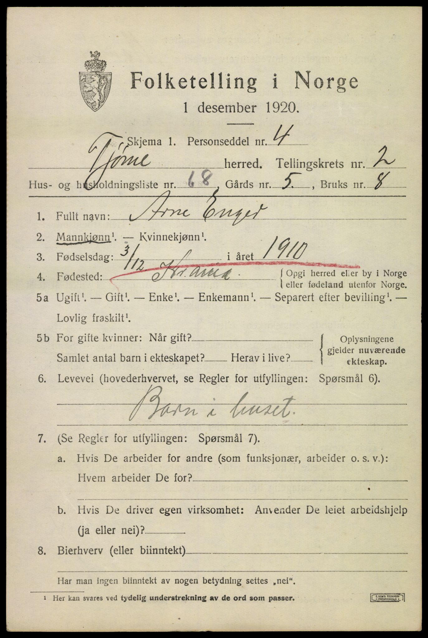 SAKO, 1920 census for Tjøme, 1920, p. 3417