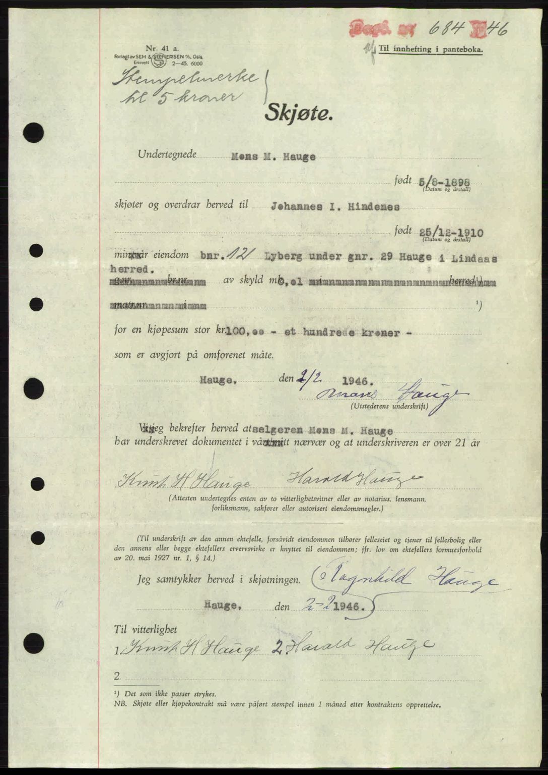 Nordhordland sorenskrivar, AV/SAB-A-2901/1/G/Gb/Gbf/L0026b: Mortgage book no. A26b, 1946-1946, Diary no: : 684/1946