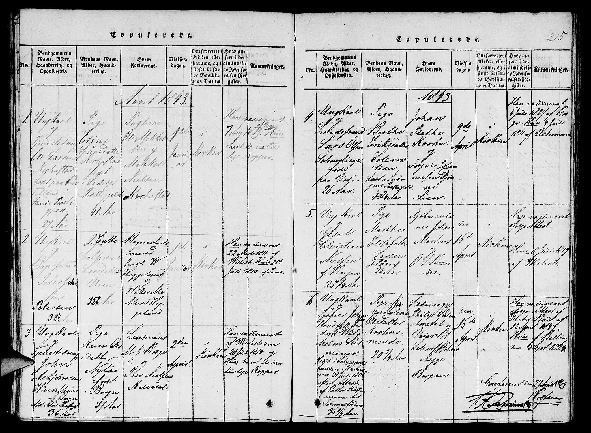 St. Jørgens hospital og Årstad sokneprestembete, SAB/A-99934: Parish register (copy) no. A 1, 1816-1843, p. 215
