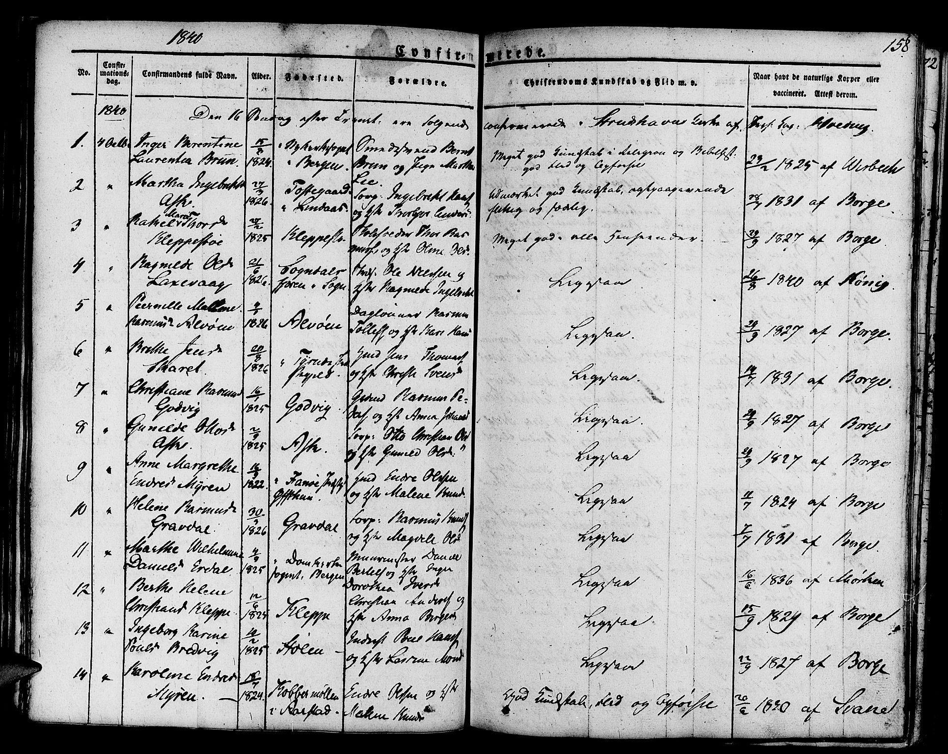 Askøy Sokneprestembete, SAB/A-74101/H/Ha/Haa/Haaa/L0004: Parish register (official) no. A 4, 1825-1845, p. 158