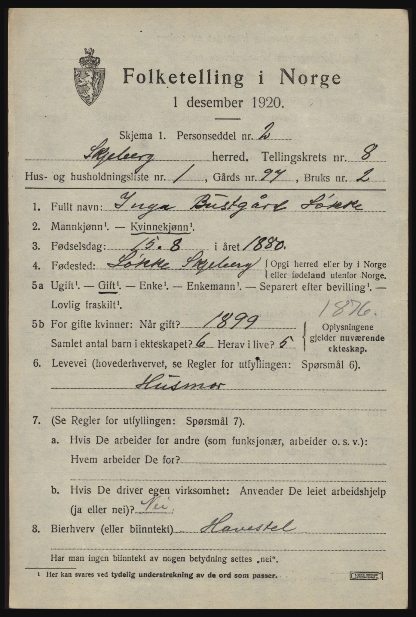 SAO, 1920 census for Skjeberg, 1920, p. 7885