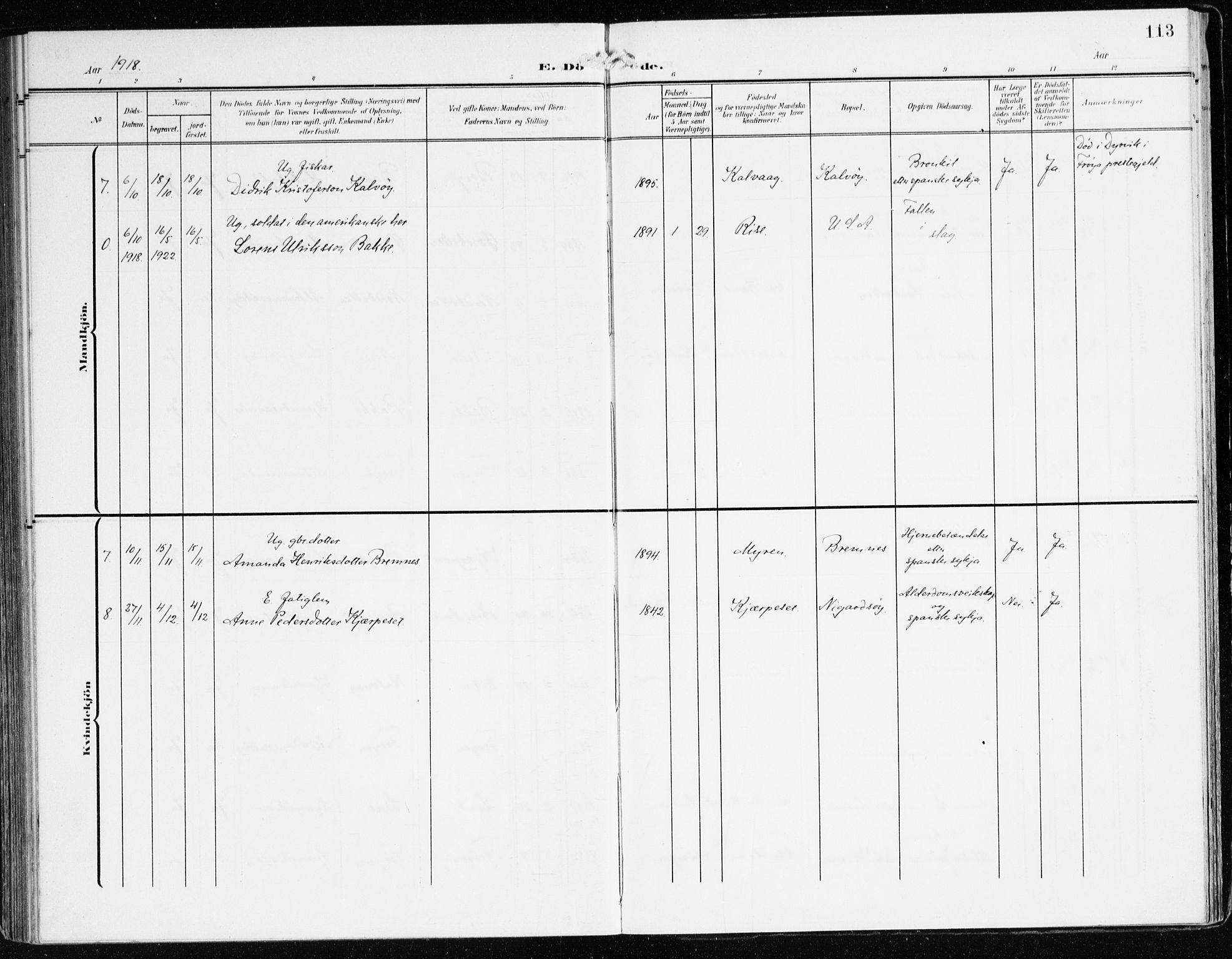 Bremanger sokneprestembete, SAB/A-82201/H/Haa/Haab/L0003: Parish register (official) no. B 3, 1908-1925, p. 113