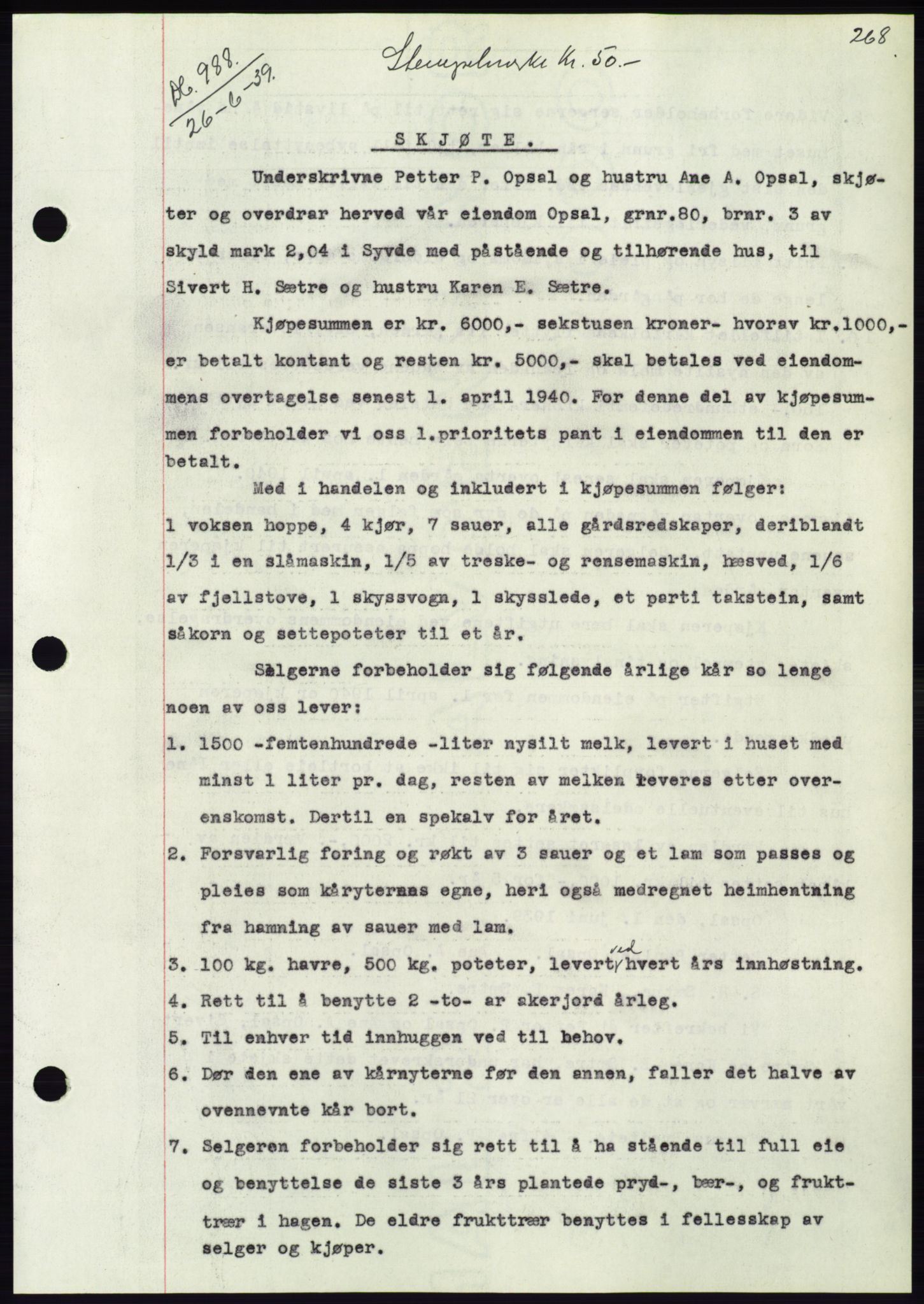 Søre Sunnmøre sorenskriveri, AV/SAT-A-4122/1/2/2C/L0068: Mortgage book no. 62, 1939-1939, Diary no: : 988/1939