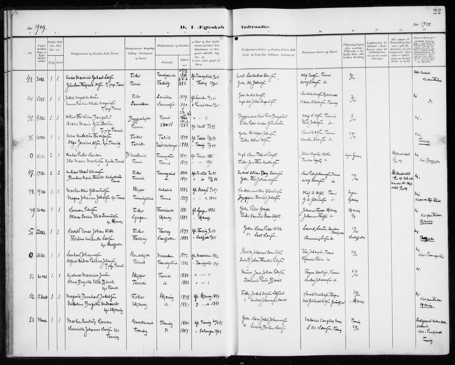 Tromsø sokneprestkontor/stiftsprosti/domprosti, AV/SATØ-S-1343/G/Ga/L0018kirke: Parish register (official) no. 18, 1907-1917, p. 22