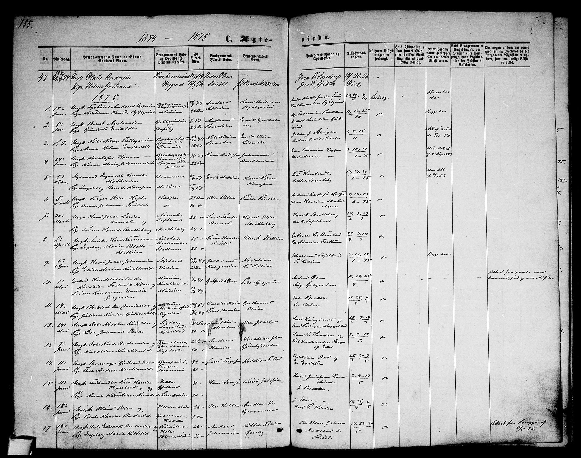 Modum kirkebøker, SAKO/A-234/G/Ga/L0007: Parish register (copy) no. I 7, 1869-1878, p. 155