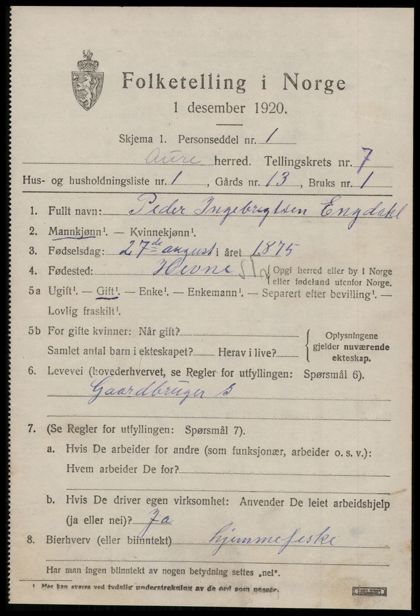 SAT, 1920 census for Aure, 1920, p. 2804