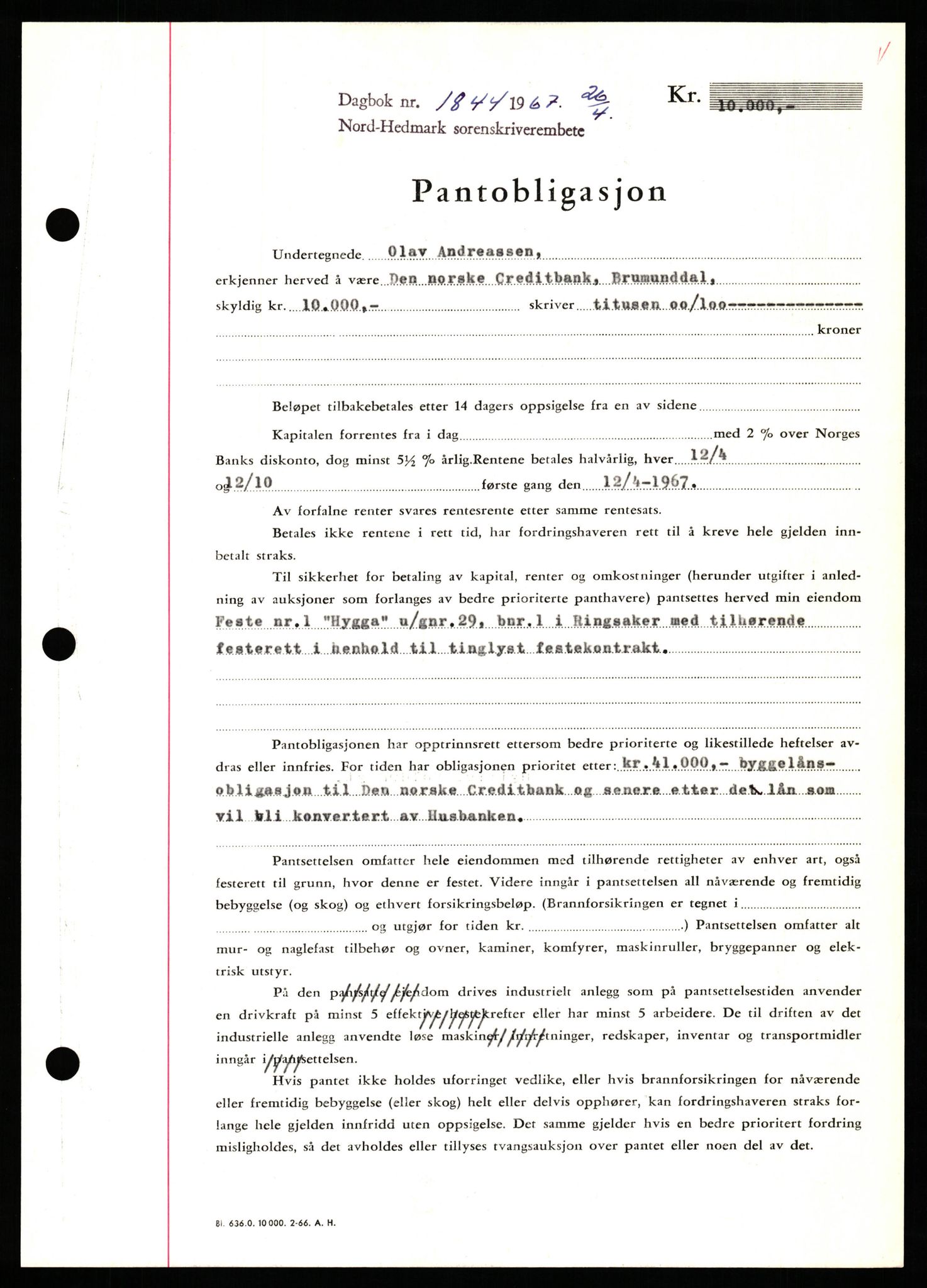 Nord-Hedmark sorenskriveri, SAH/TING-012/H/Hb/Hbf/L0071: Mortgage book no. B71, 1967-1967, Diary no: : 1844/1967