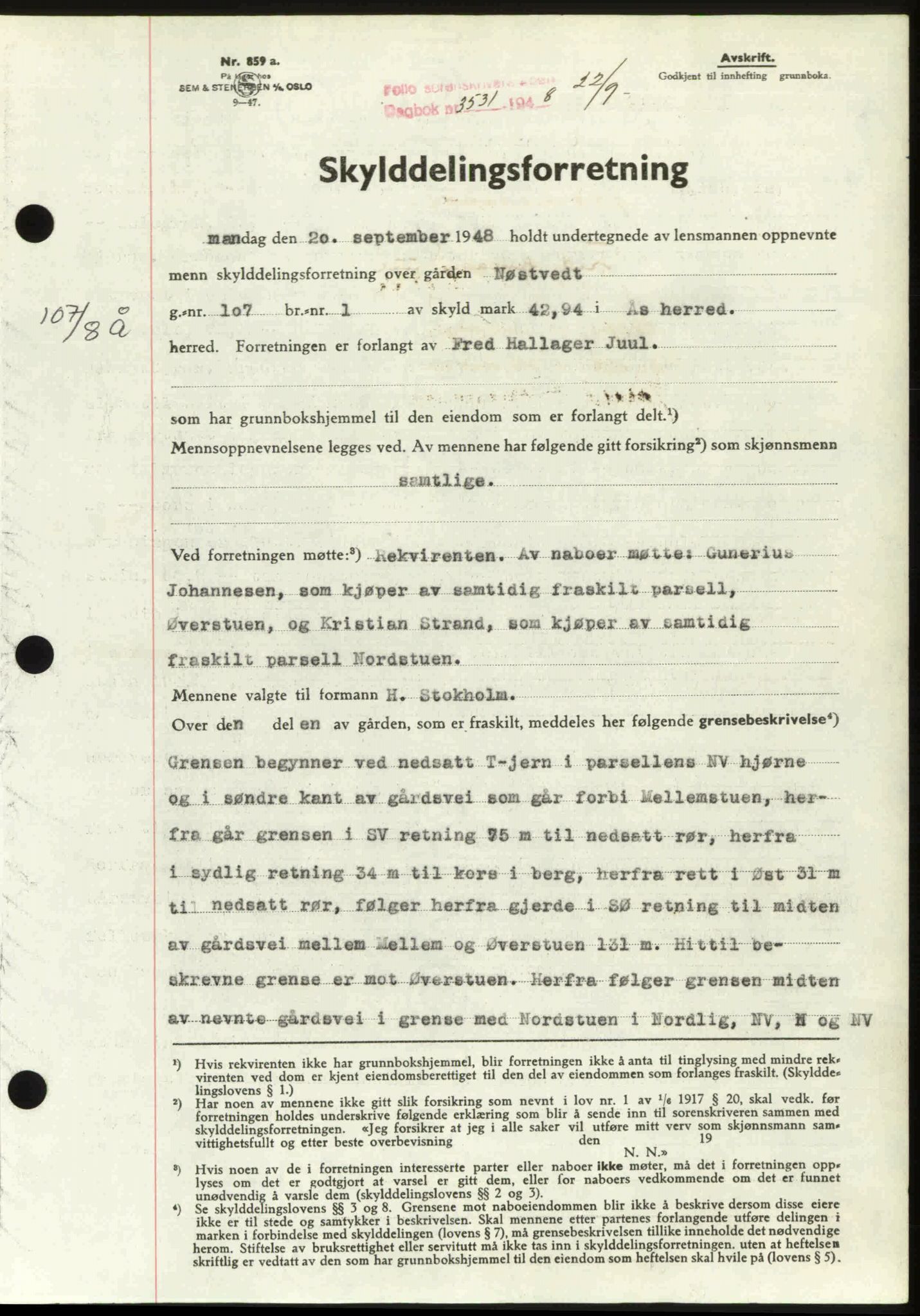 Follo sorenskriveri, SAO/A-10274/G/Ga/Gaa/L0085: Mortgage book no. I 85, 1948-1948, Diary no: : 3531/1948