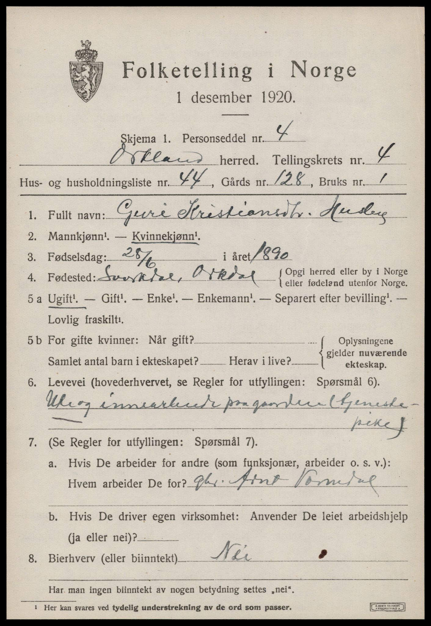 SAT, 1920 census for Orkland, 1920, p. 3806