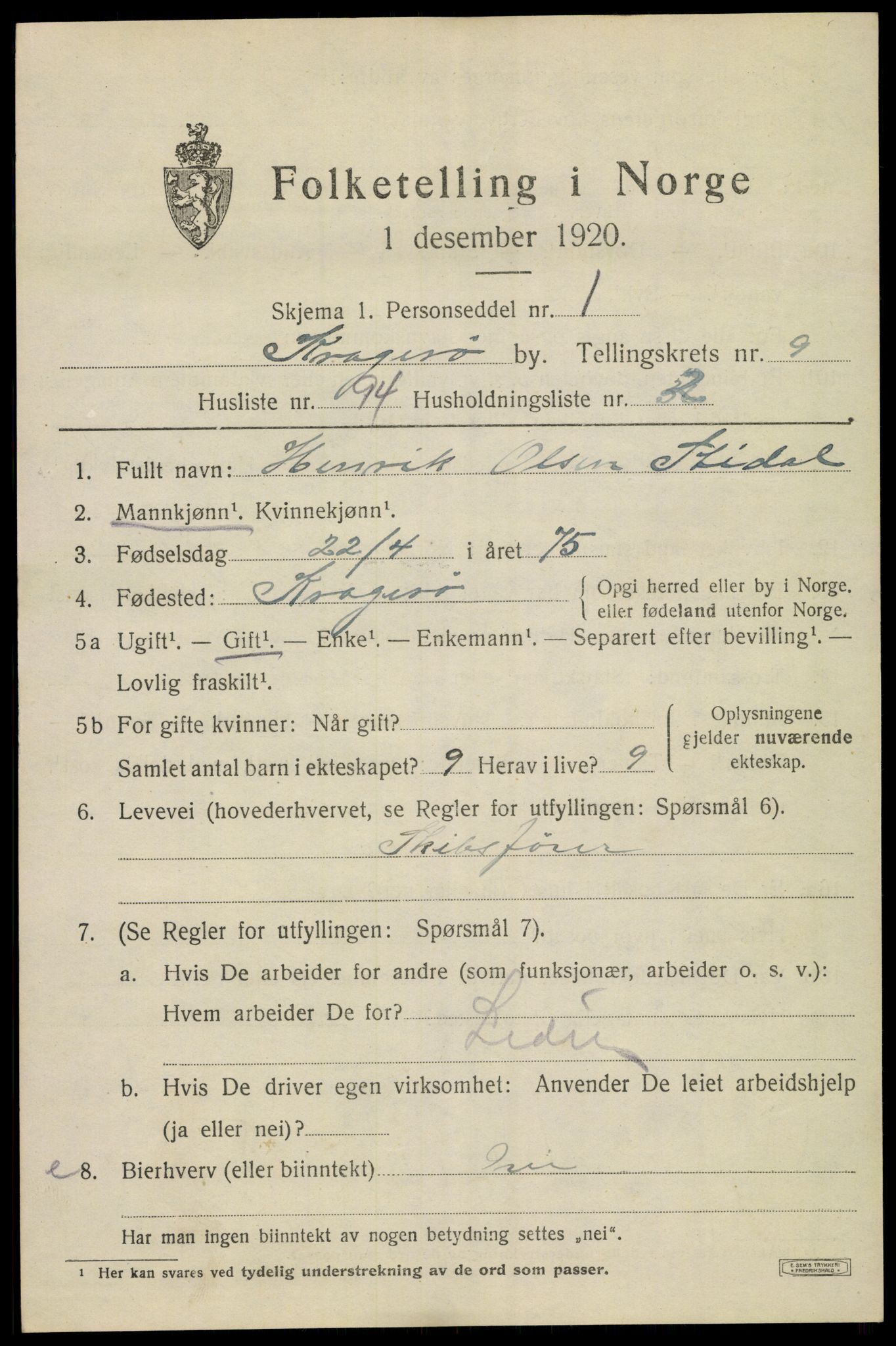 SAKO, 1920 census for Kragerø, 1920, p. 12971