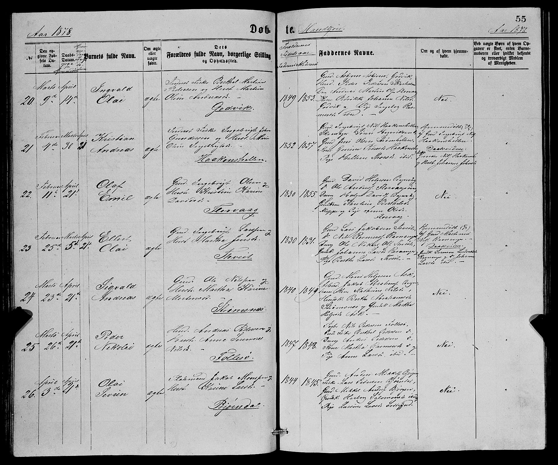 Askøy Sokneprestembete, AV/SAB-A-74101/H/Ha/Hab/Haba/L0007: Parish register (copy) no. A 7, 1871-1881, p. 55