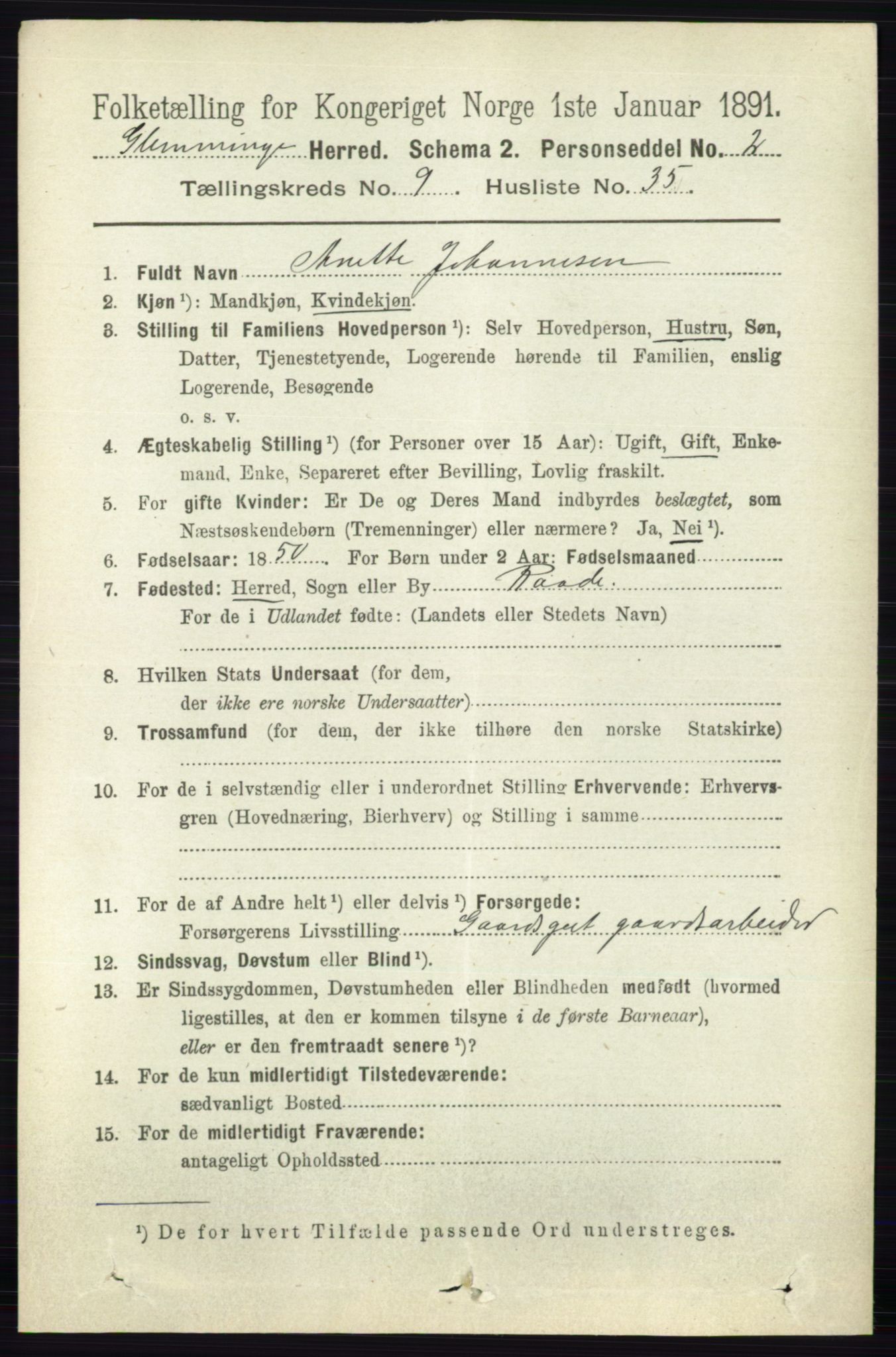 RA, 1891 census for 0132 Glemmen, 1891, p. 9898