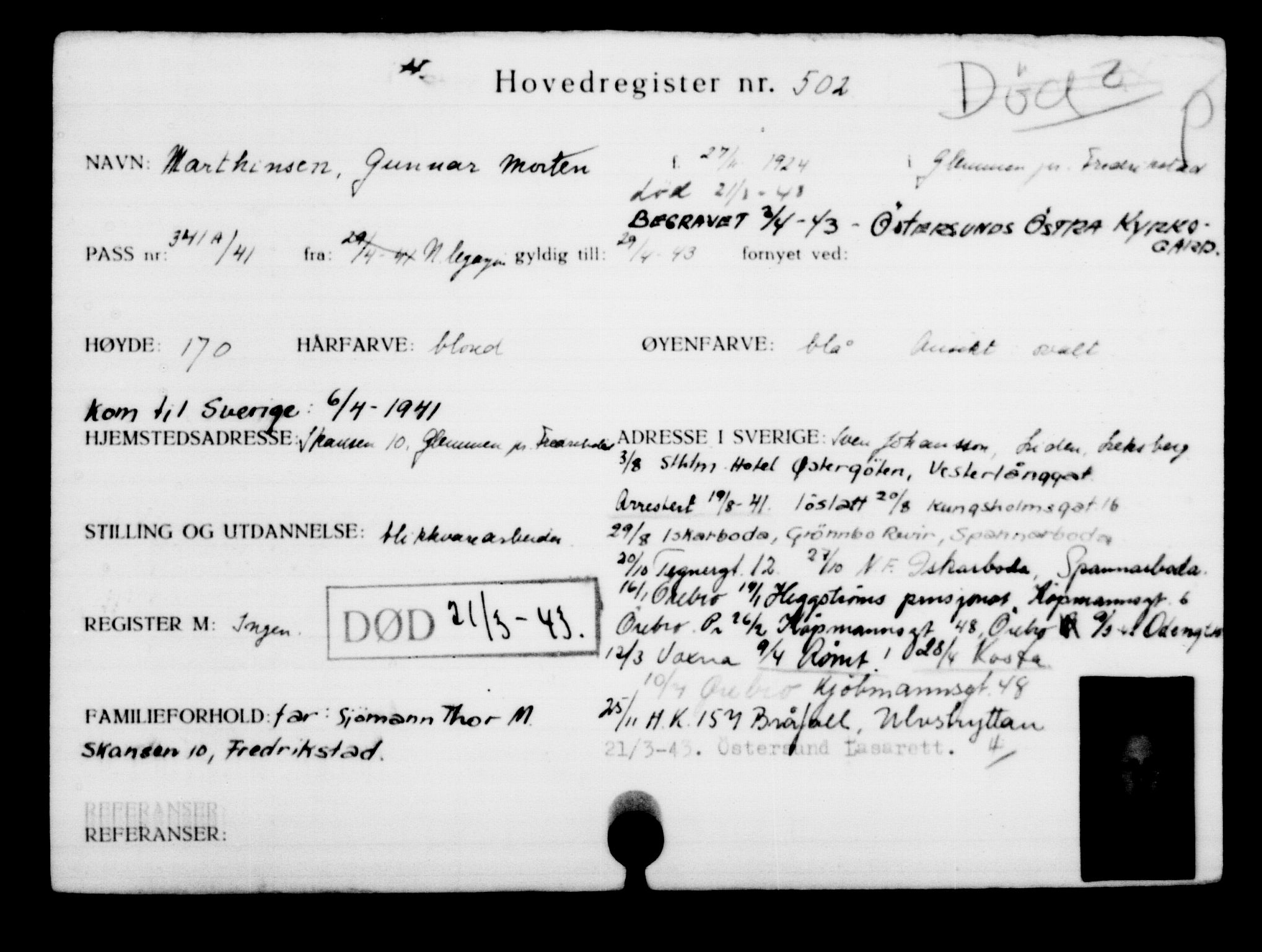 Utenriksstasjonene, Legasjonen i Stockholm, Flyktningkontoret, AV/RA-S-6753/V/Va/L0001: Kjesäterkartoteket, flyktninger med registreringsnr. 1-1000, 1940-1945, p. 773