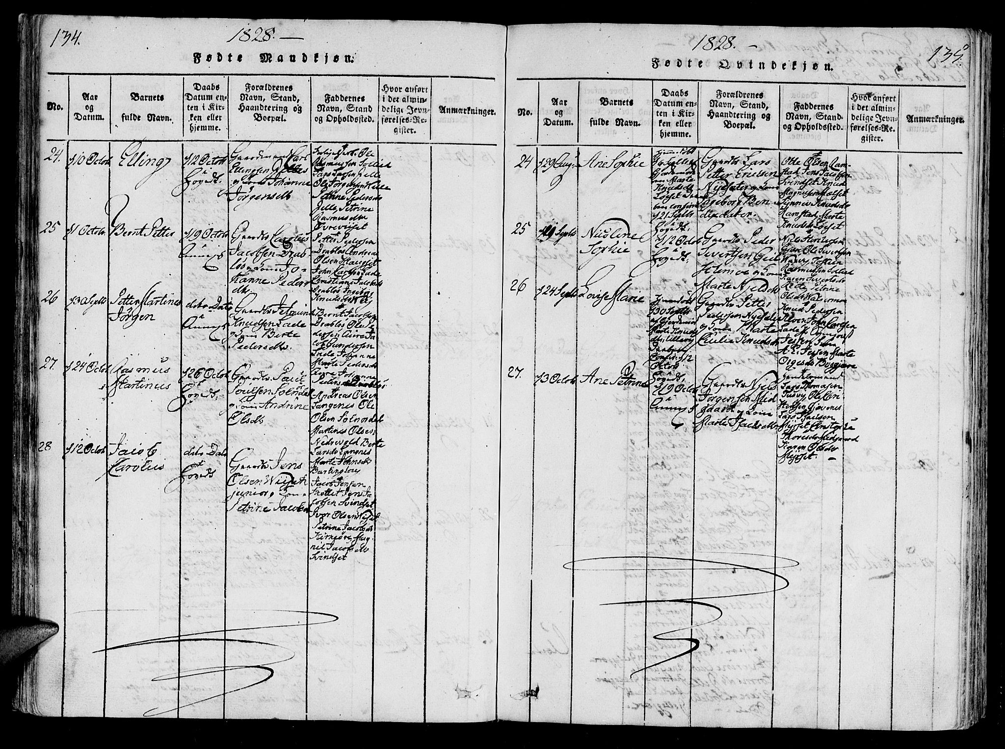 Ministerialprotokoller, klokkerbøker og fødselsregistre - Møre og Romsdal, AV/SAT-A-1454/522/L0310: Parish register (official) no. 522A05, 1816-1832, p. 134-135