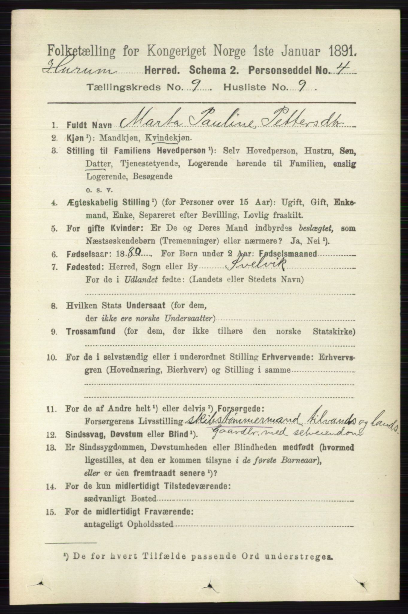 RA, 1891 census for 0628 Hurum, 1891, p. 2867