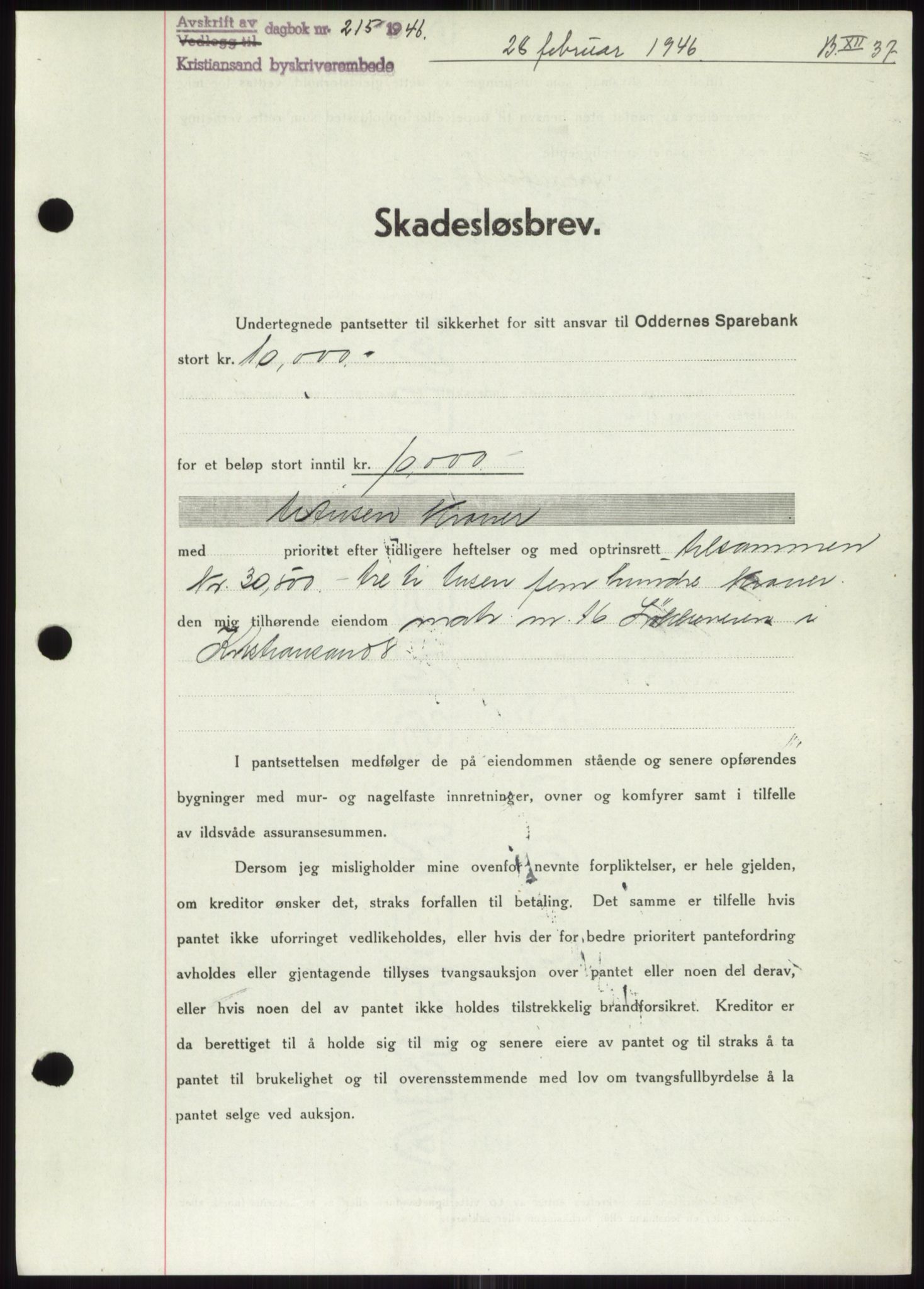 Kristiansand byrett, AV/SAK-1223-0001/G/Gb/Gbb/L0009: Mortgage book no. B 12, 1946-1947, Diary no: : 215/1946