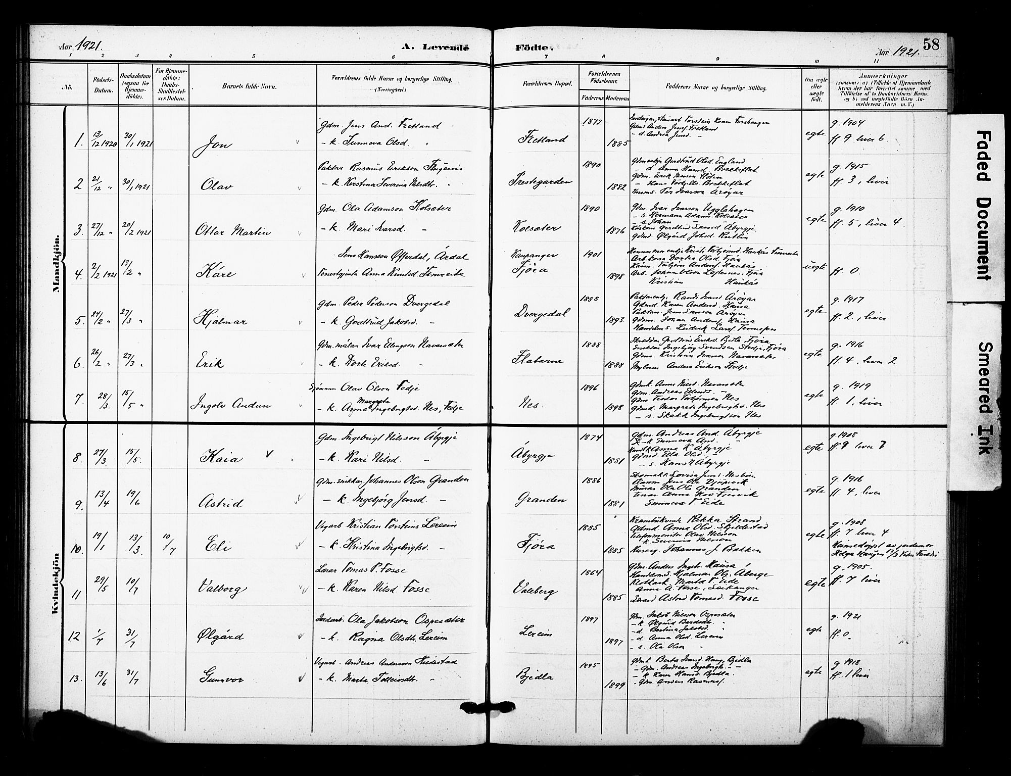 Sogndal sokneprestembete, AV/SAB-A-81301/H/Hab/Haba/L0002: Parish register (copy) no. A 2, 1908-1924, p. 58