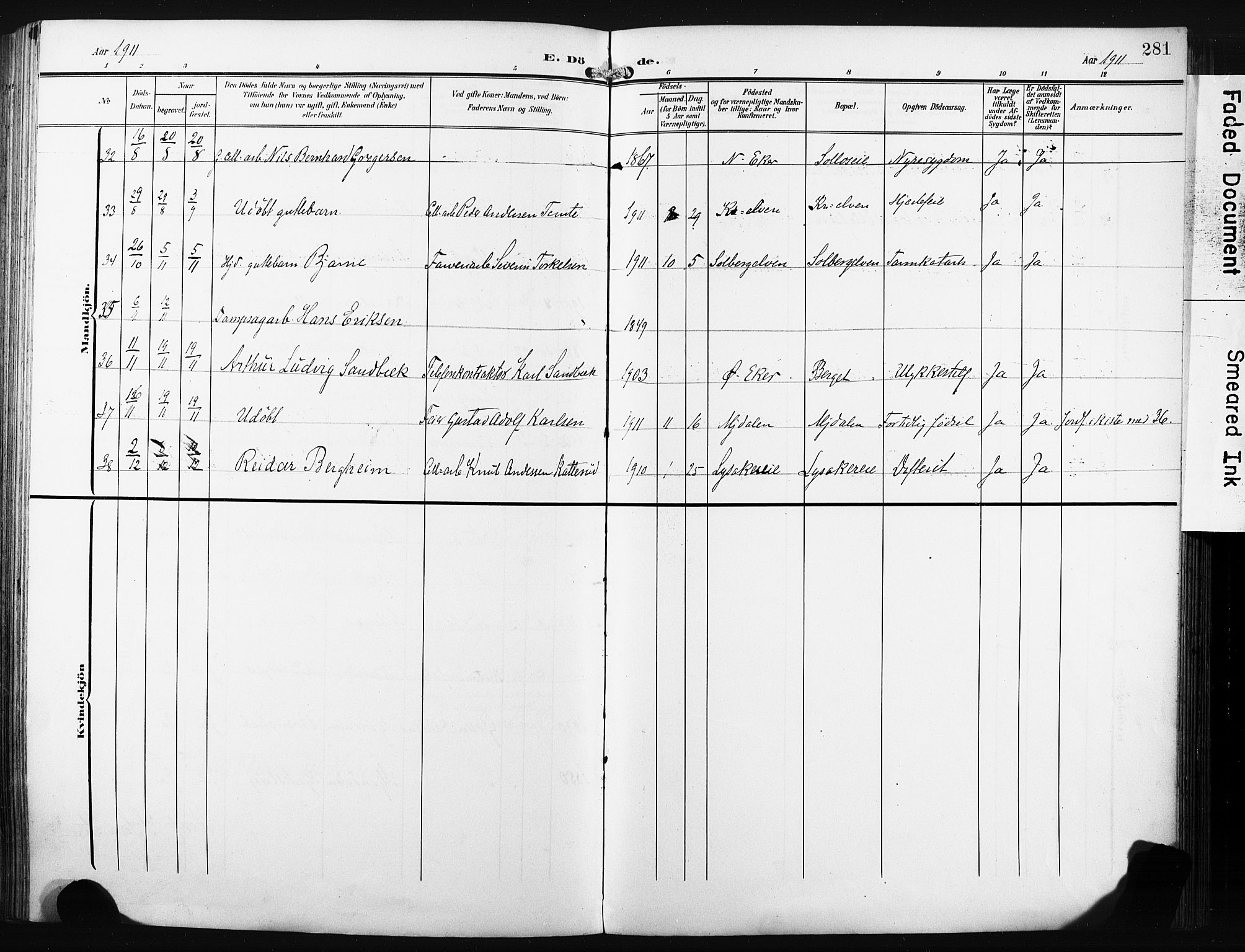 Nedre Eiker kirkebøker, AV/SAKO-A-612/F/Fa/L0006: Parish register (official) no. 6, 1906-1912, p. 281