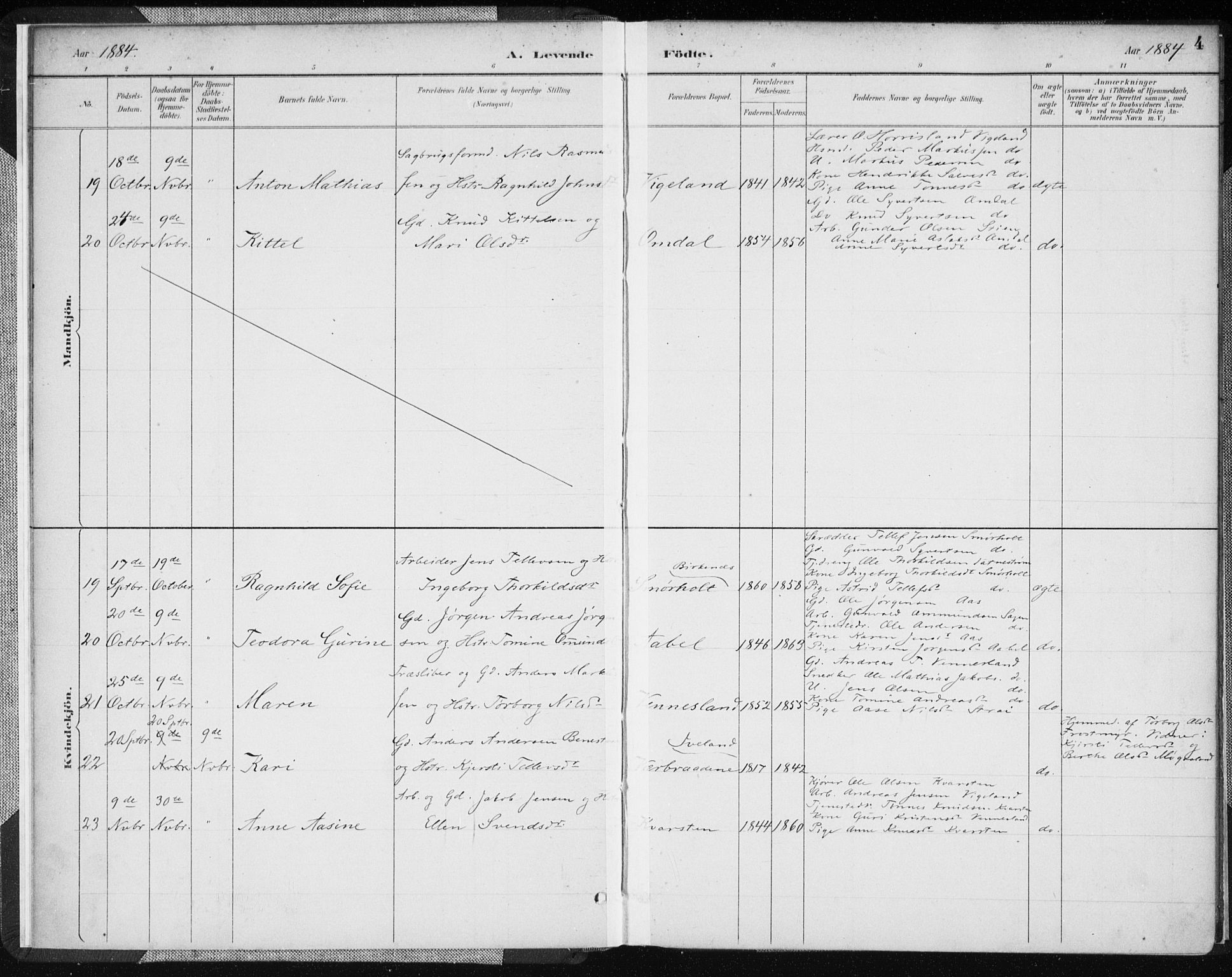 Vennesla sokneprestkontor, AV/SAK-1111-0045/Fa/Fab/L0004: Parish register (official) no. A 4, 1884-1896, p. 4