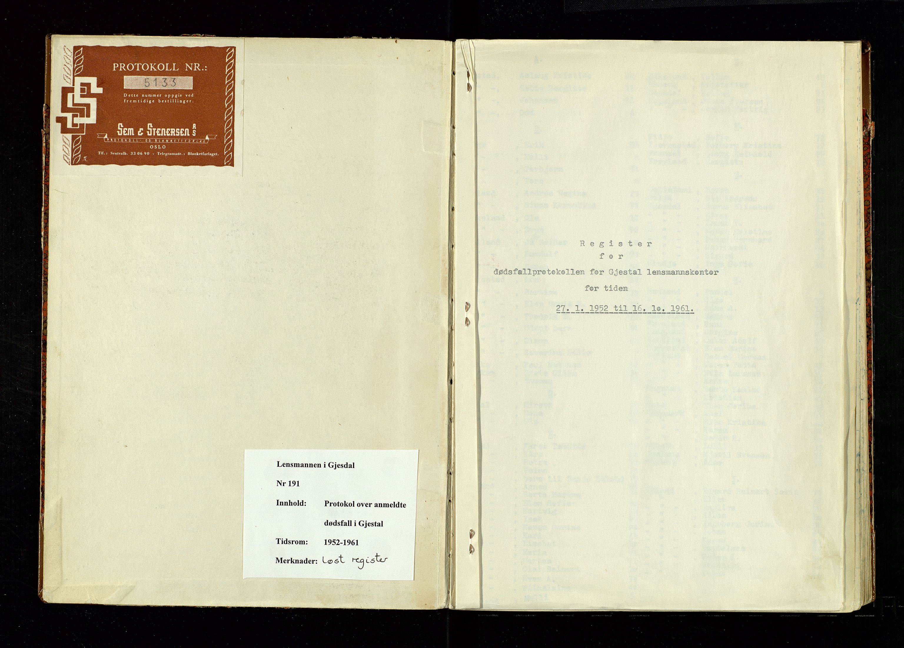 Gjesdal lensmannskontor, AV/SAST-A-100441/Gga/L0004: Dødsfallprotokoll, 1952-1961