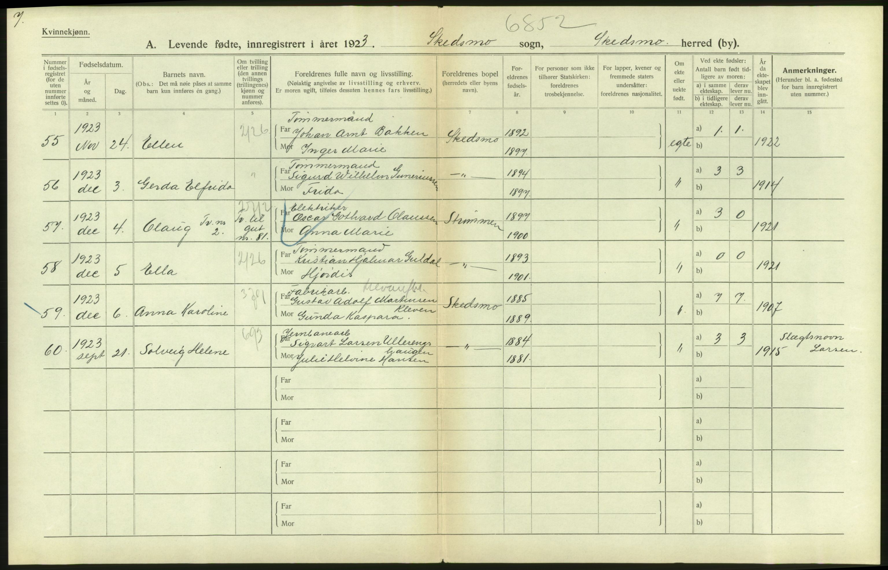 Statistisk sentralbyrå, Sosiodemografiske emner, Befolkning, AV/RA-S-2228/D/Df/Dfc/Dfcc/L0003: Akershus fylke: Levendefødte menn og kvinner. Bygder., 1923, p. 106