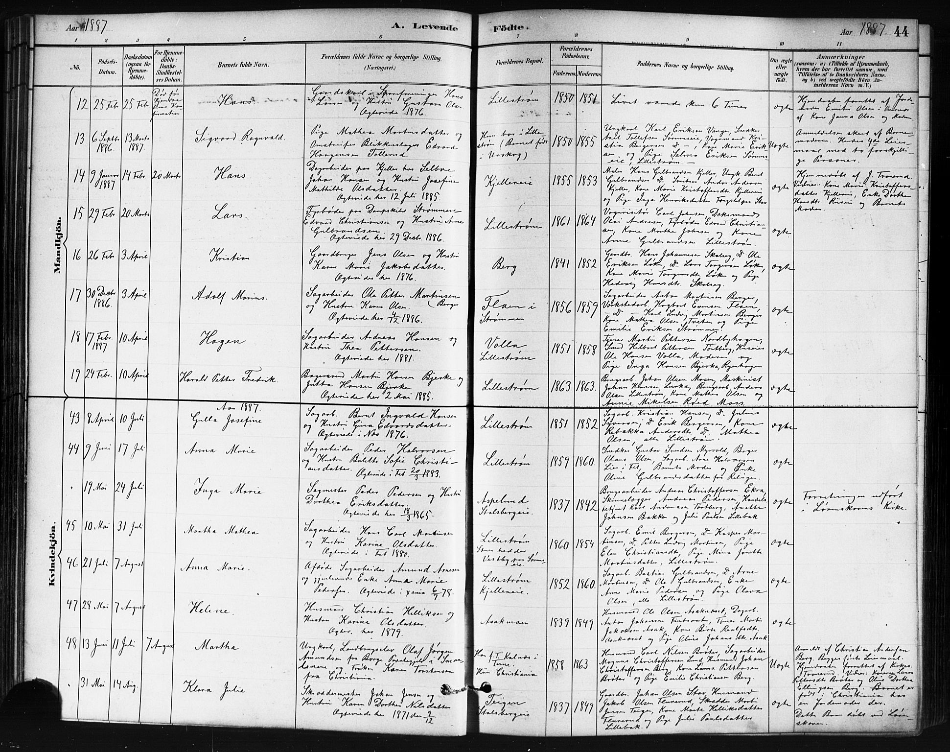 Skedsmo prestekontor Kirkebøker, AV/SAO-A-10033a/G/Ga/L0004: Parish register (copy) no. I 4, 1883-1895, p. 44