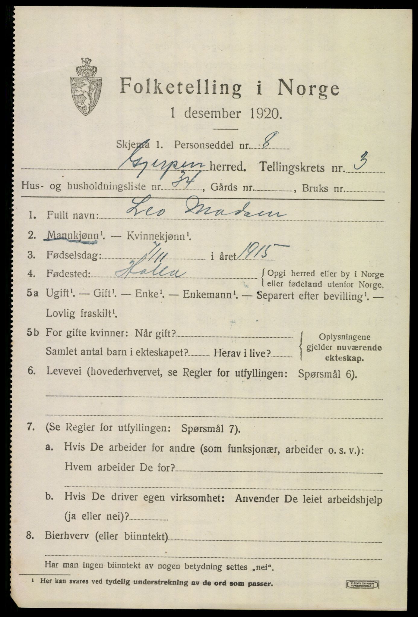 SAKO, 1920 census for Gjerpen, 1920, p. 5614