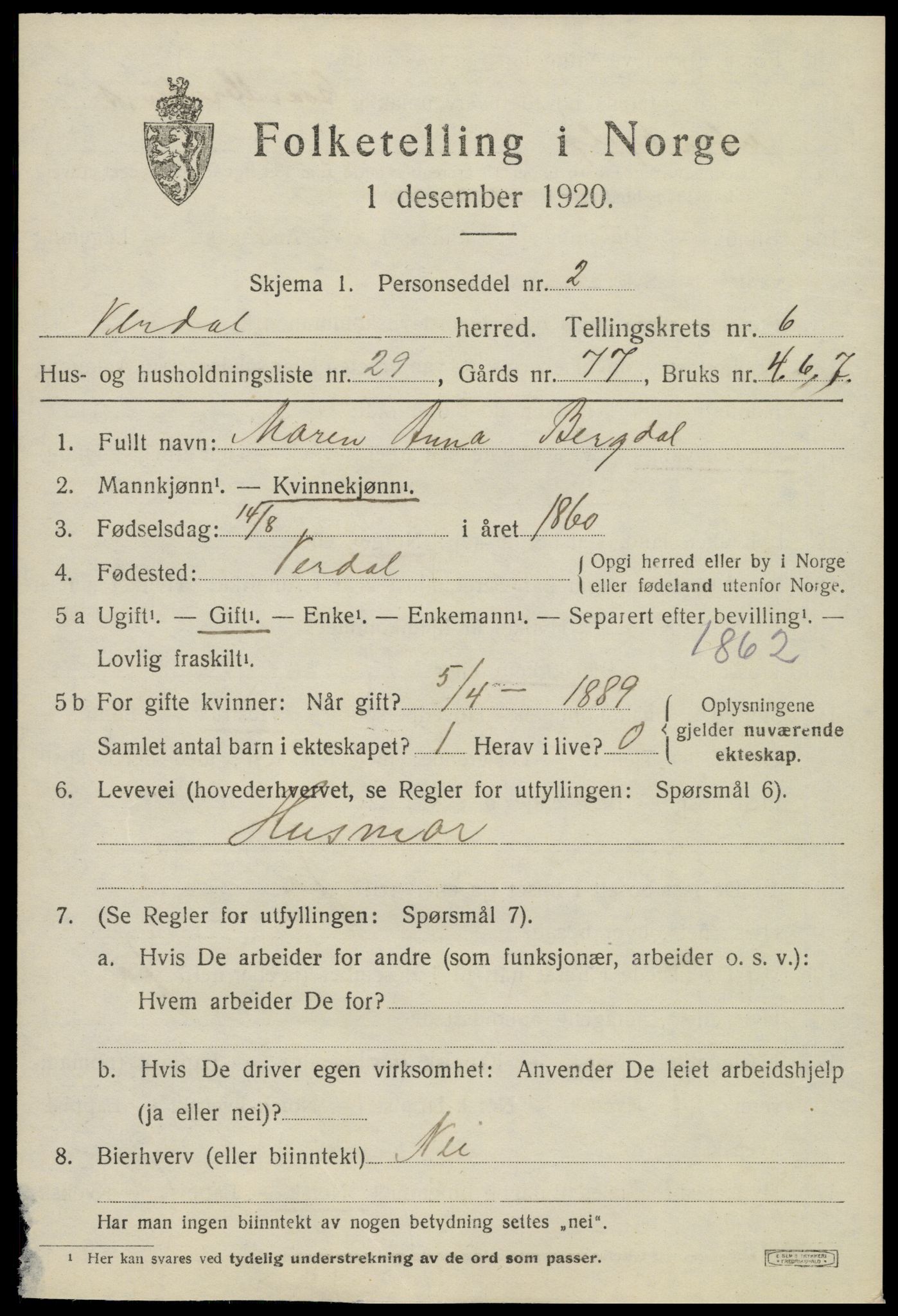 SAT, 1920 census for Verdal, 1920, p. 9519