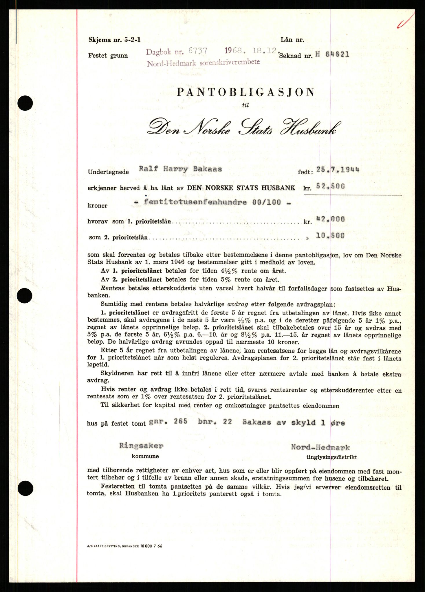 Nord-Hedmark sorenskriveri, SAH/TING-012/H/Hb/Hbf/L0077: Mortgage book no. B77, 1968-1969, Diary no: : 6737/1968