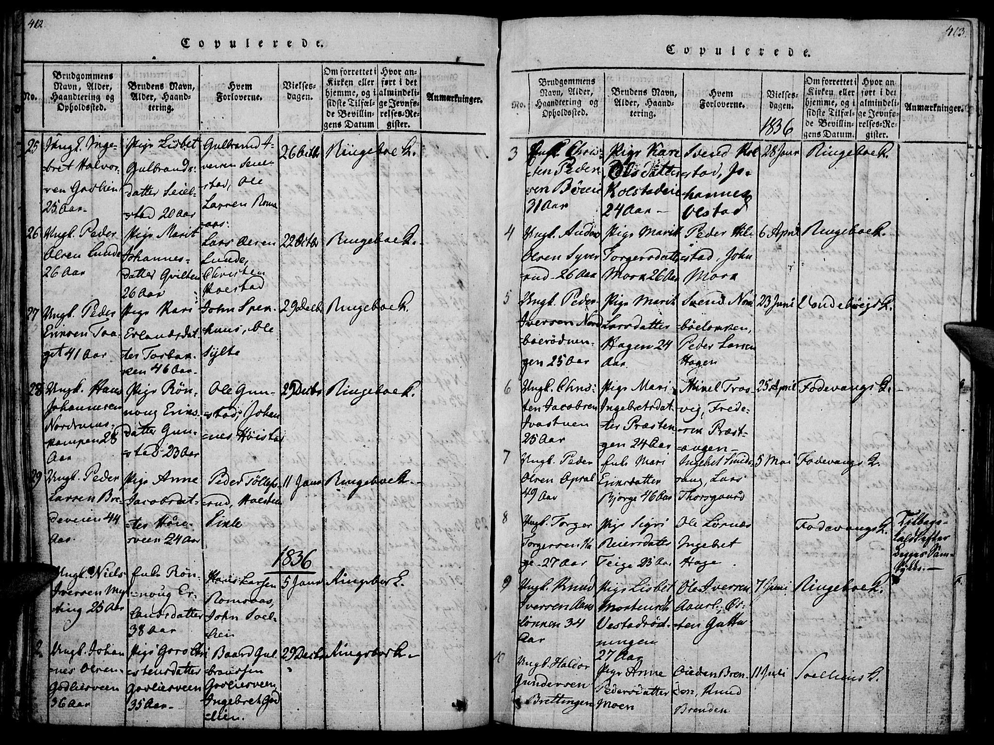Ringebu prestekontor, SAH/PREST-082/H/Ha/Haa/L0004: Parish register (official) no. 4, 1821-1839, p. 412-413