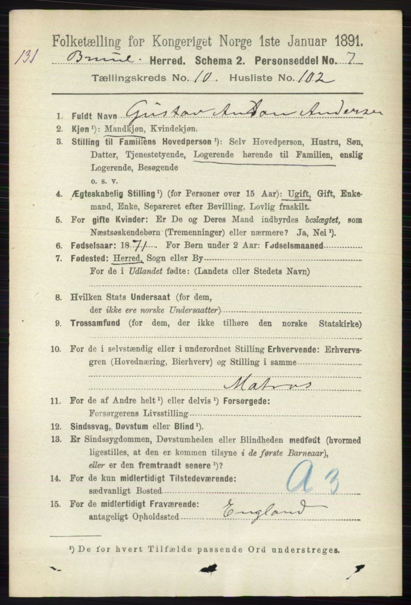 RA, 1891 census for 0726 Brunlanes, 1891, p. 5288