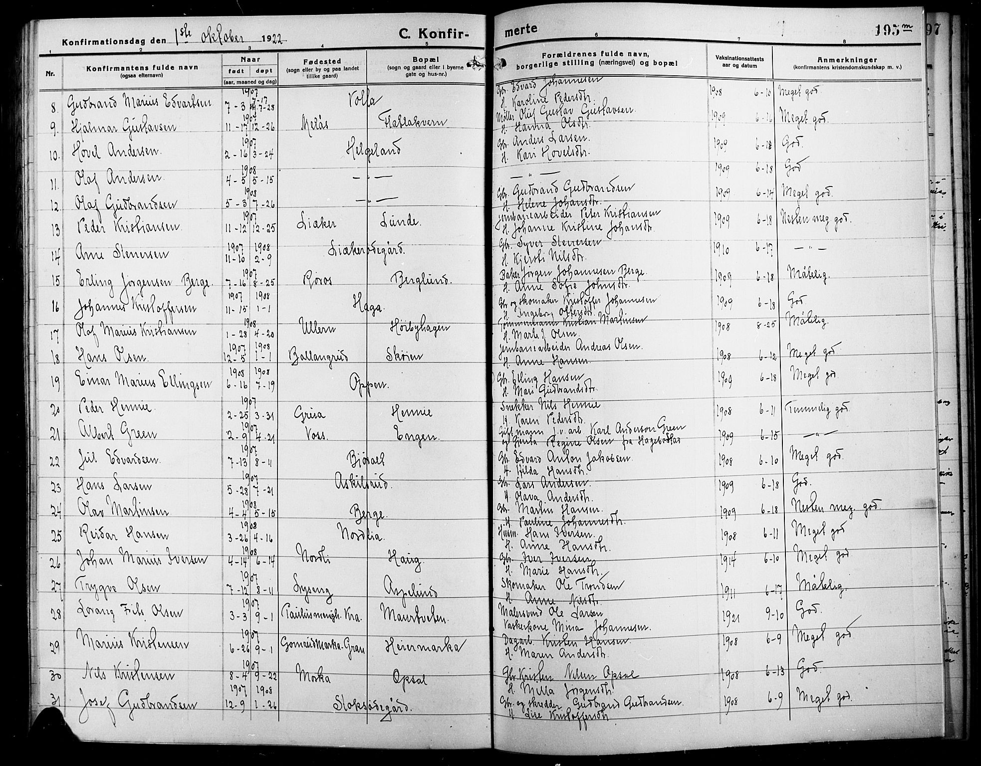 Lunner prestekontor, SAH/PREST-118/H/Ha/Hab/L0001: Parish register (copy) no. 1, 1909-1922, p. 195m