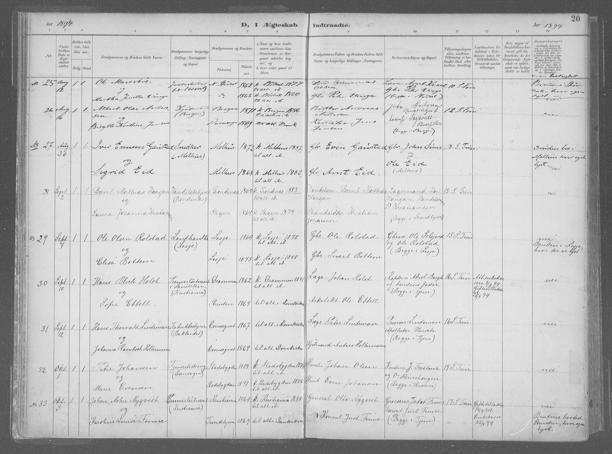 Ministerialprotokoller, klokkerbøker og fødselsregistre - Sør-Trøndelag, SAT/A-1456/601/L0064: Parish register (official) no. 601A31, 1891-1911, p. 20