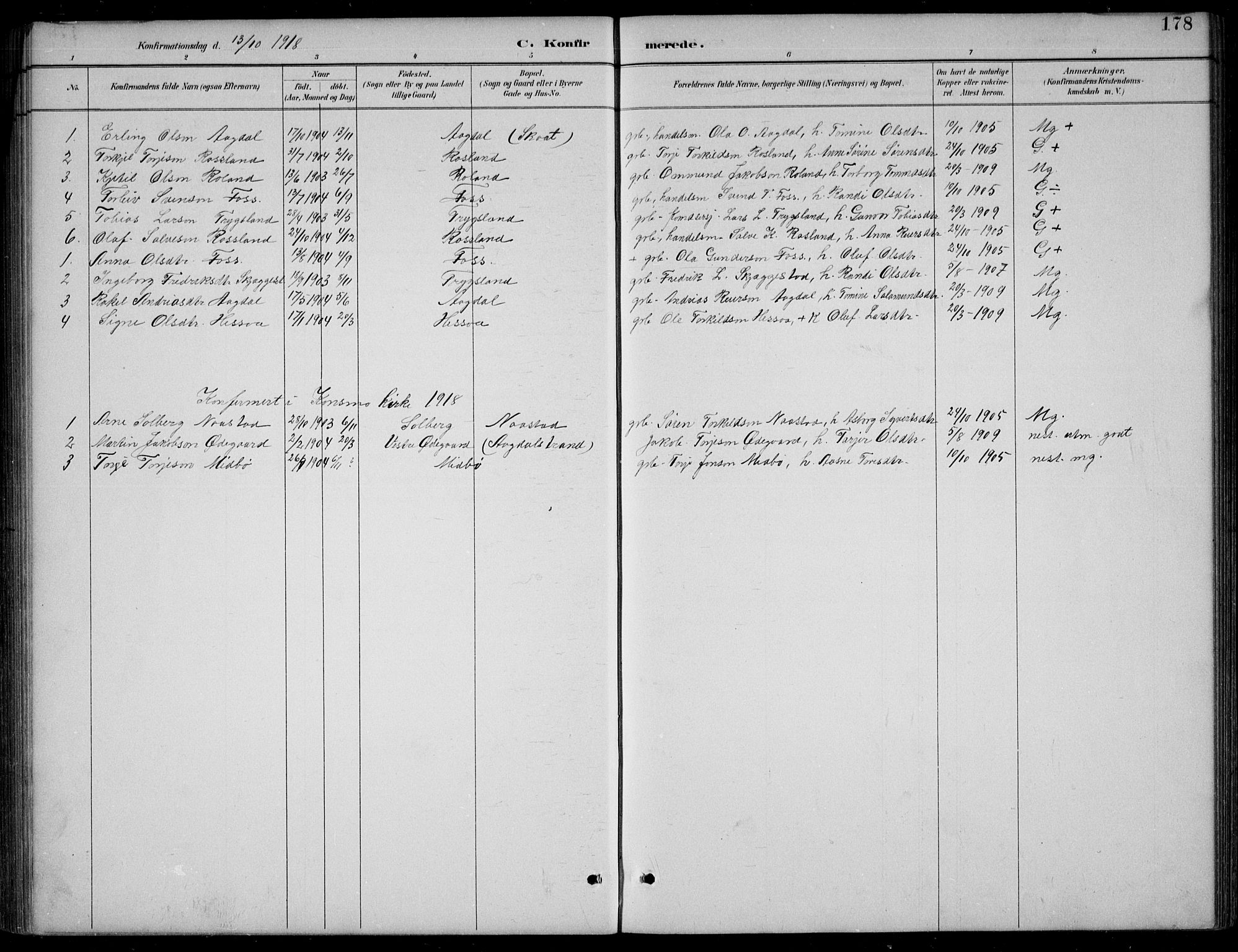 Bjelland sokneprestkontor, SAK/1111-0005/F/Fb/Fba/L0005: Parish register (copy) no. B 5, 1887-1923, p. 178