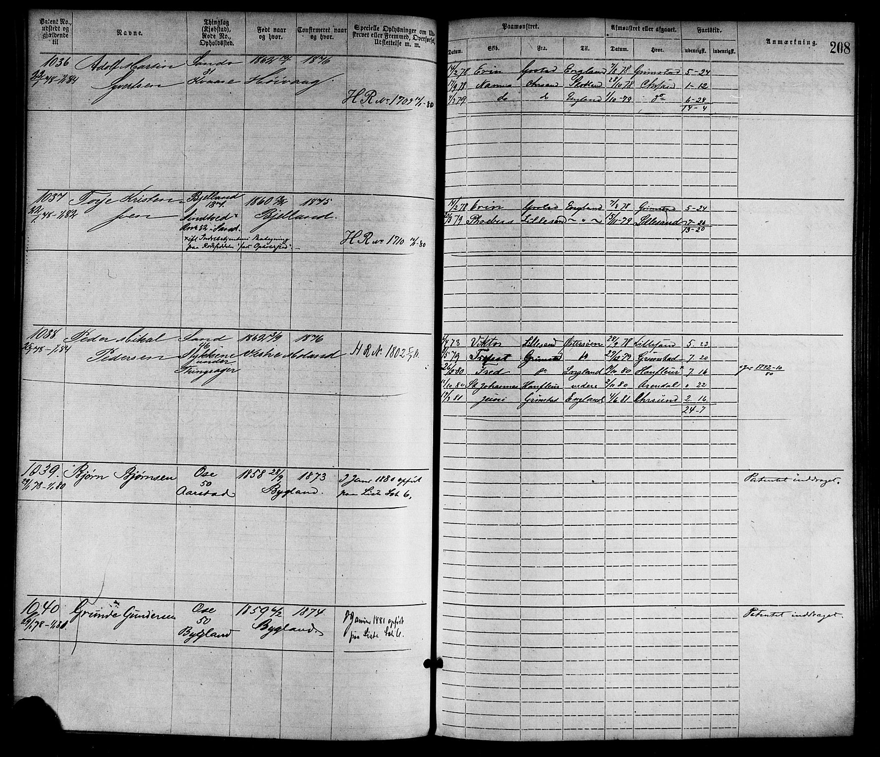 Lillesand mønstringskrets, SAK/2031-0014/F/Fa/L0004: Annotasjonsrulle nr 1-1920 med register, G-1, 1869-1891, p. 234