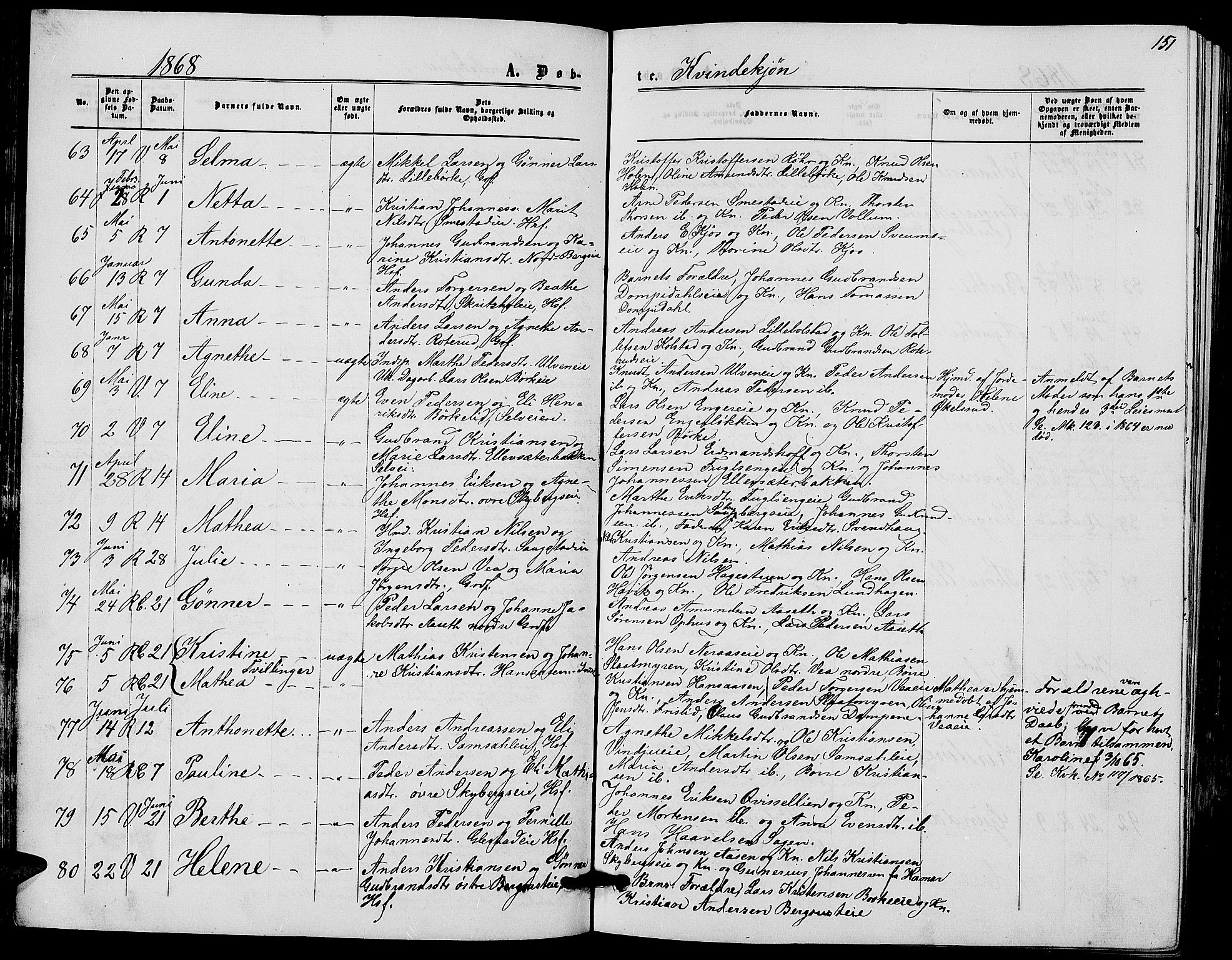 Ringsaker prestekontor, SAH/PREST-014/L/La/L0007: Parish register (copy) no. 7, 1861-1869, p. 151