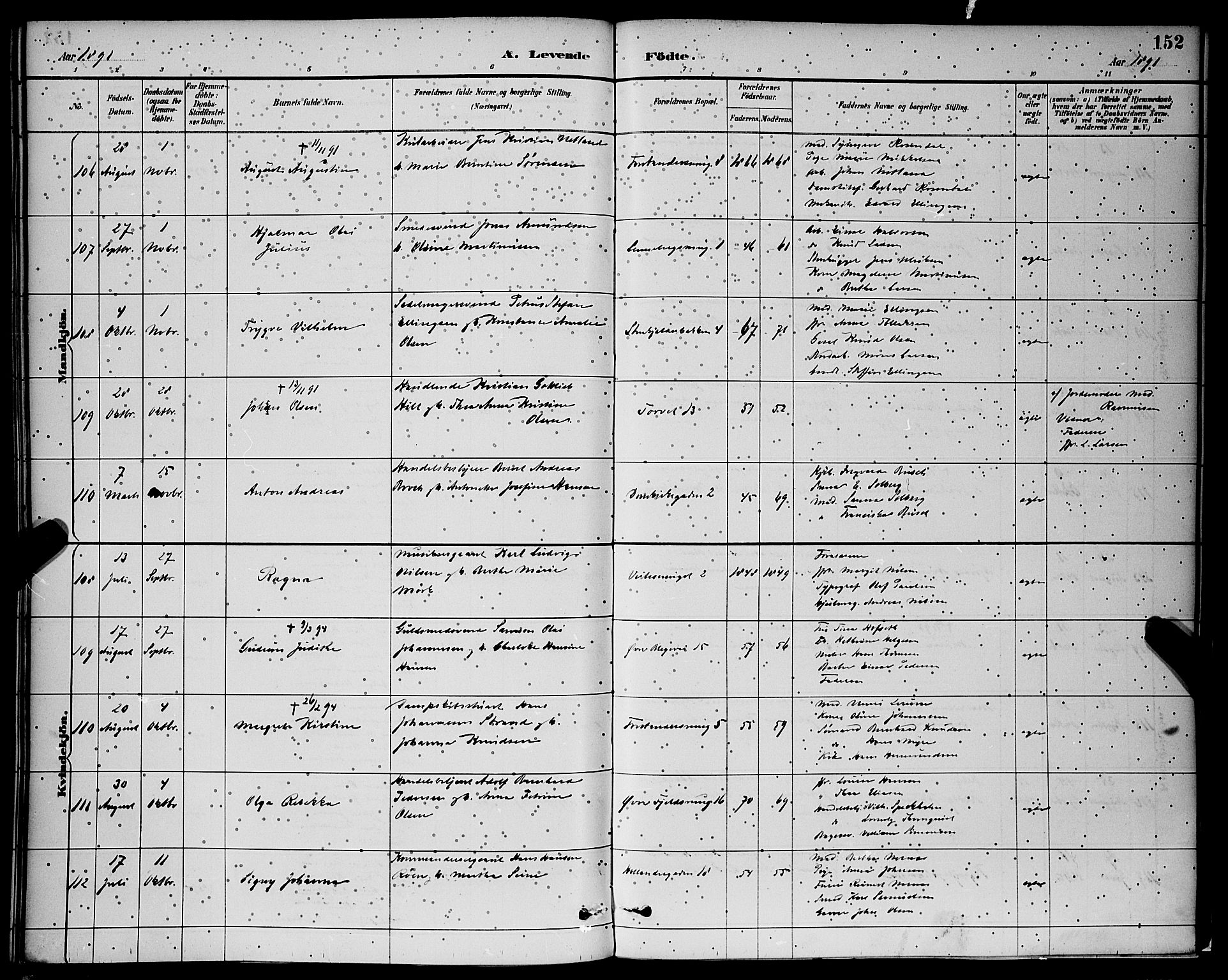 Korskirken sokneprestembete, SAB/A-76101/H/Hab: Parish register (copy) no. B 9, 1887-1896, p. 152