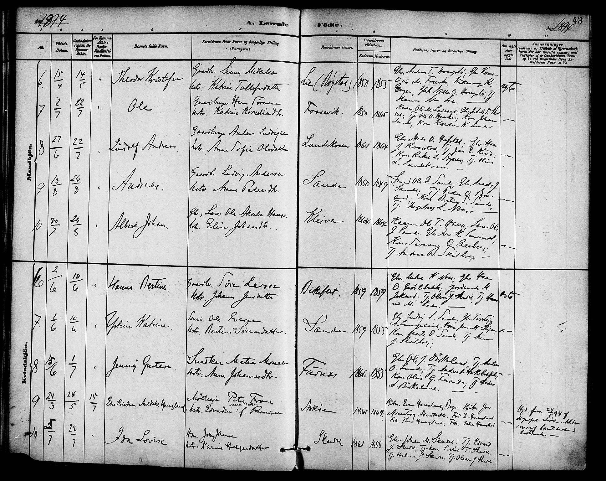 Gaular sokneprestembete, SAB/A-80001/H/Haa: Parish register (official) no. B 1, 1882-1897, p. 43