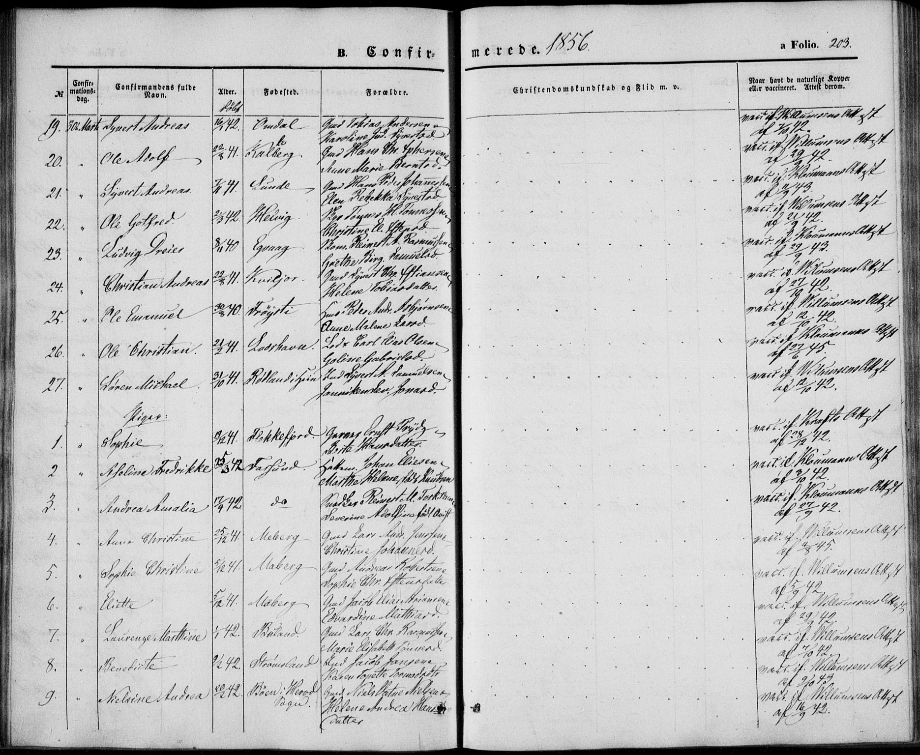 Lista sokneprestkontor, AV/SAK-1111-0027/F/Fb/L0002: Parish register (copy) no. B 2, 1847-1862, p. 203