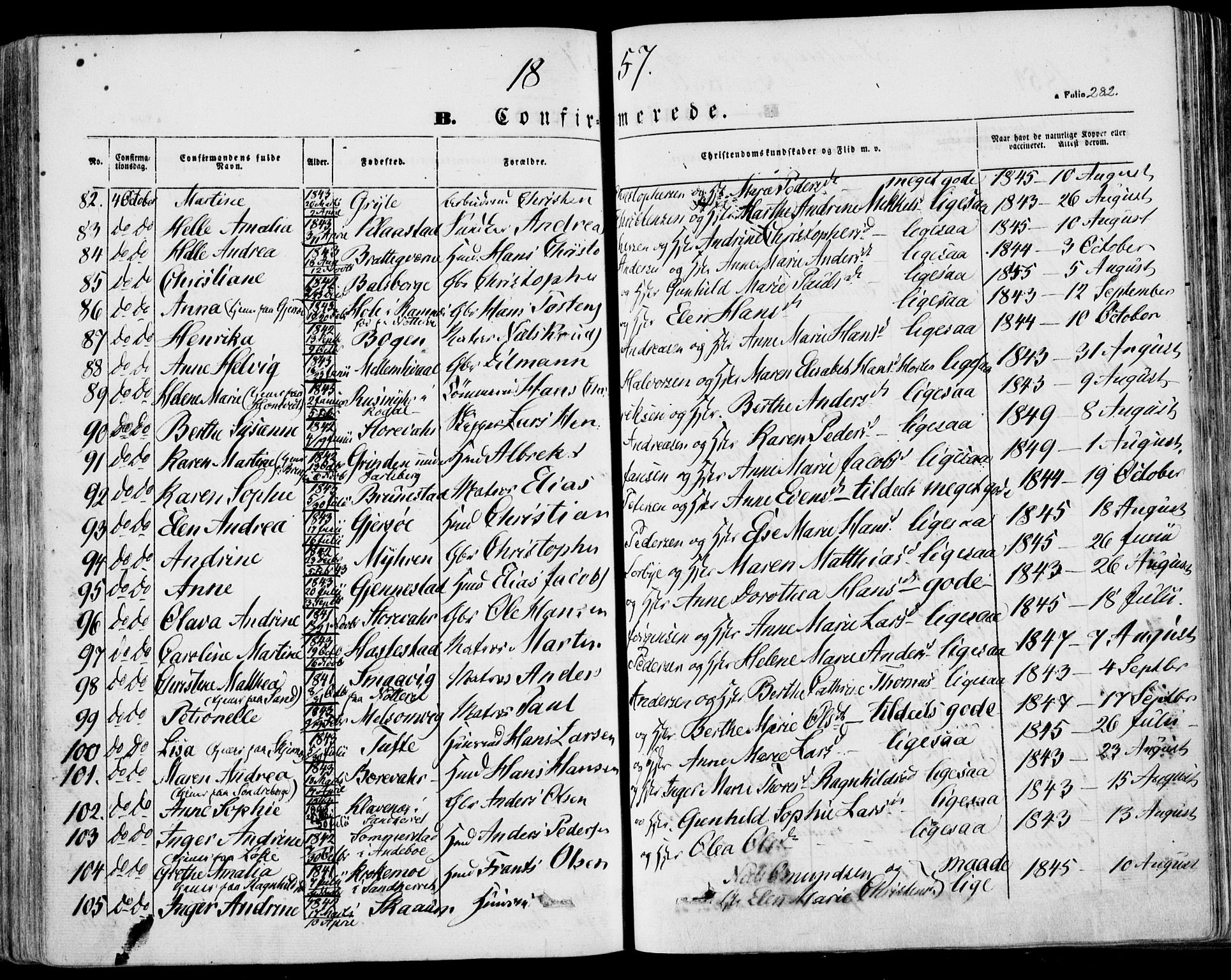 Stokke kirkebøker, AV/SAKO-A-320/F/Fa/L0007: Parish register (official) no. I 7, 1844-1857, p. 282