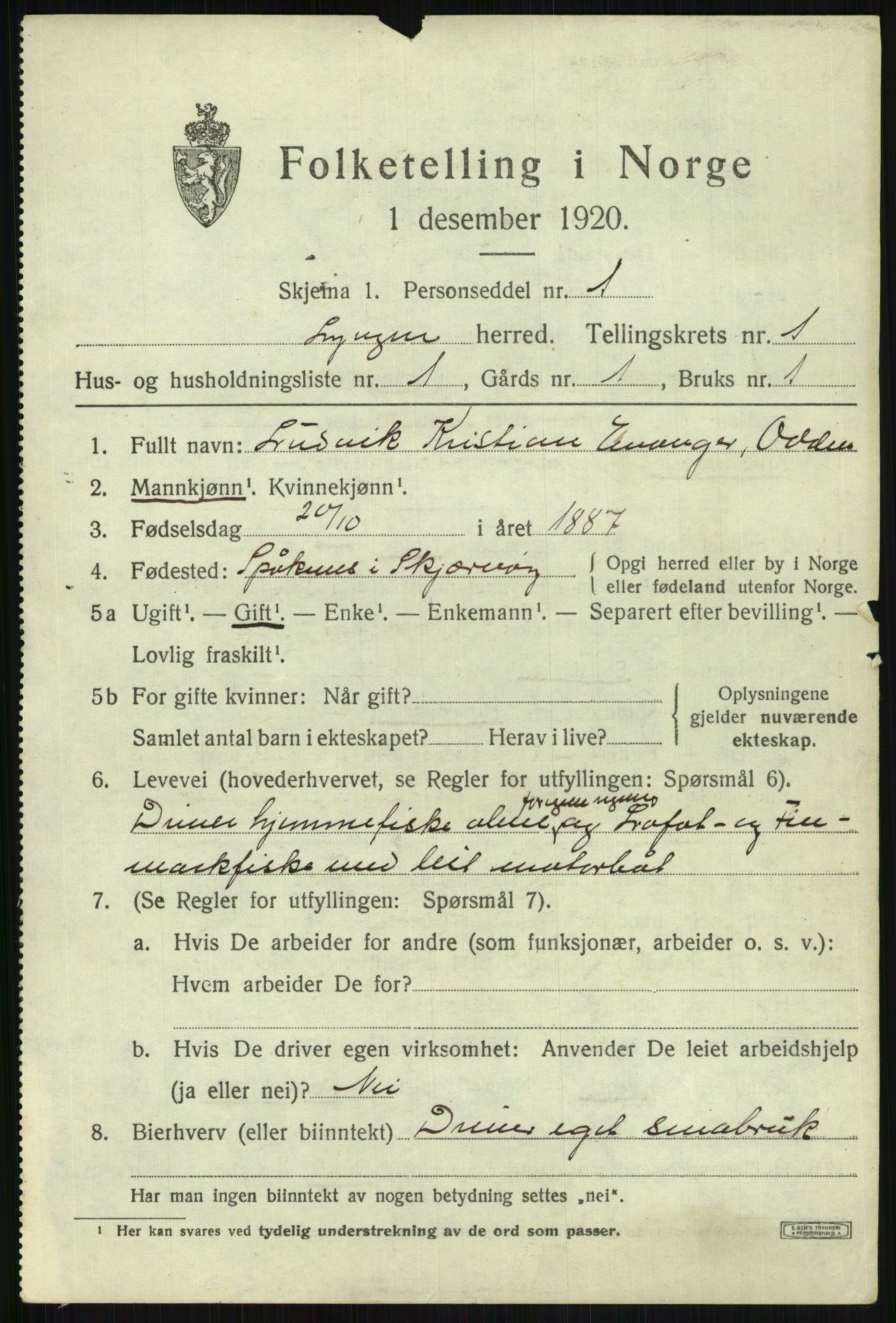 SATØ, 1920 census for Lyngen, 1920, p. 1900