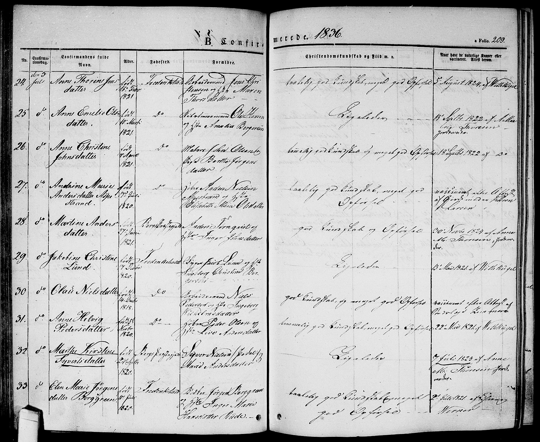 Halden prestekontor Kirkebøker, SAO/A-10909/G/Ga/L0003: Parish register (copy) no. 3, 1834-1844, p. 209